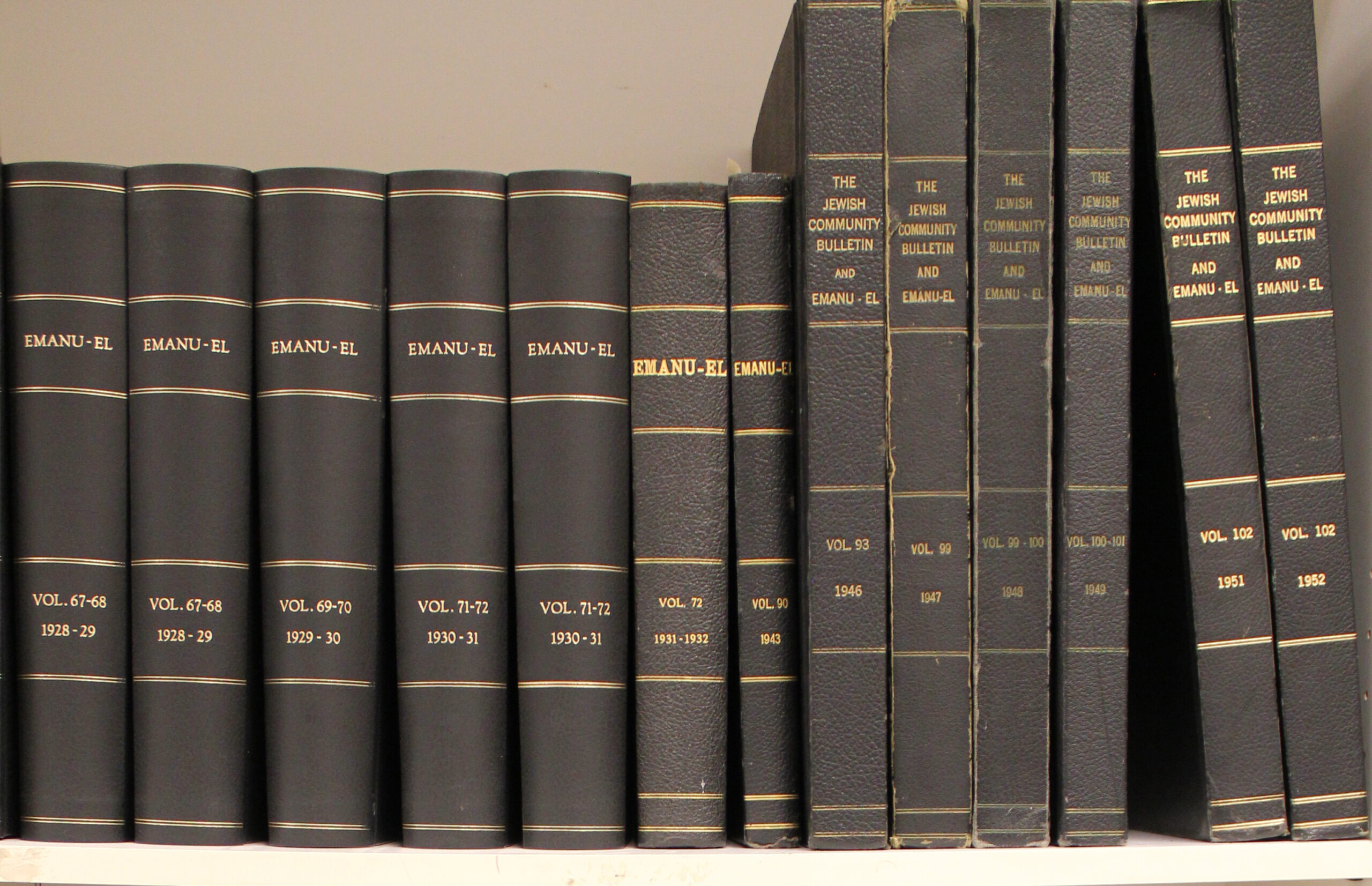Bookshelf of old copies of J. Previous names of this publication have included Emanu-El and Jewish Bulletin. (Photo/David A.M. Wilensky)