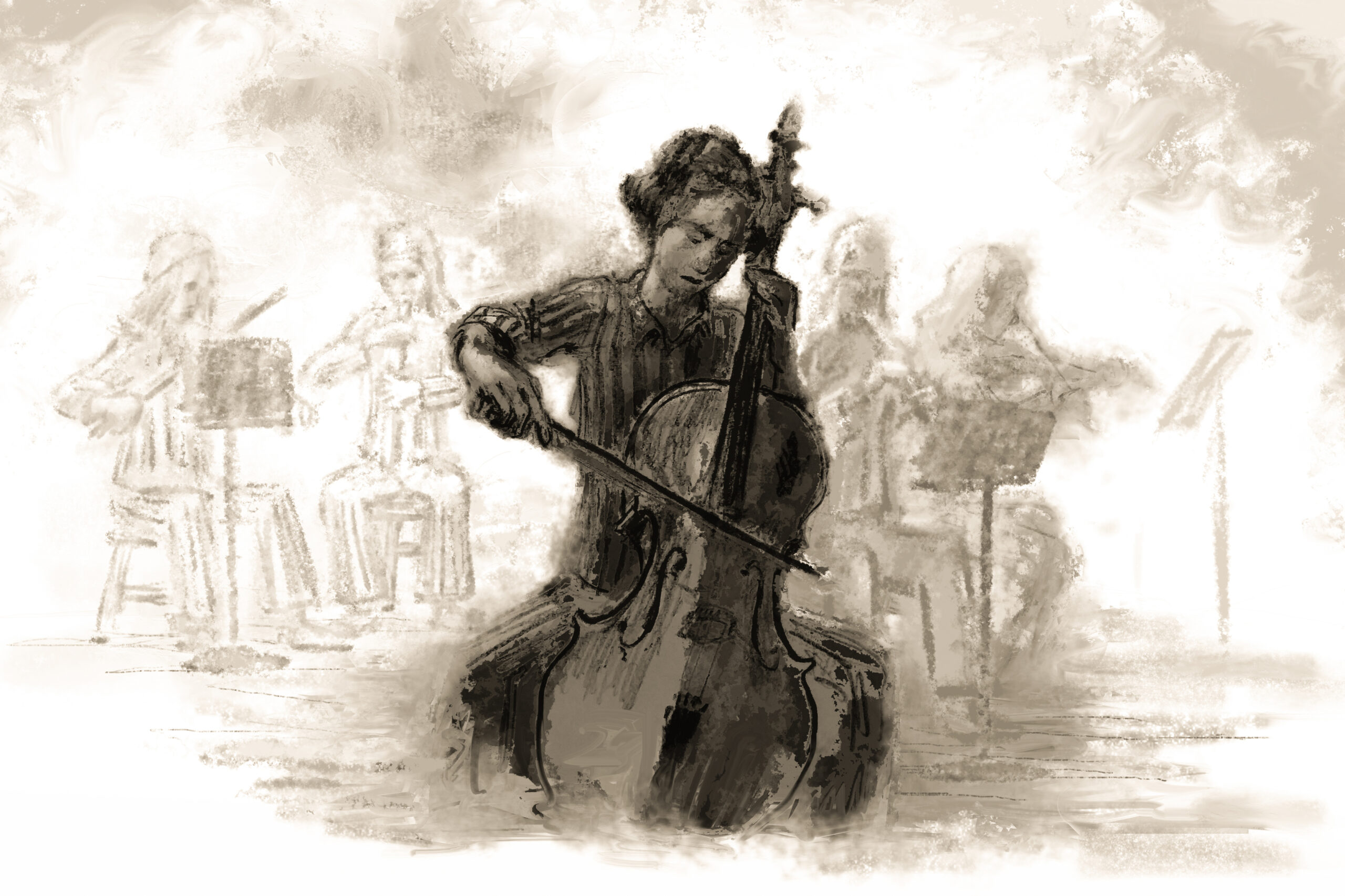 Anita Wallfisch plays the cello in the Women’s Orchestra at Auschwitz (Illustration-Ari Binus)(Illustration-Ari Binus)