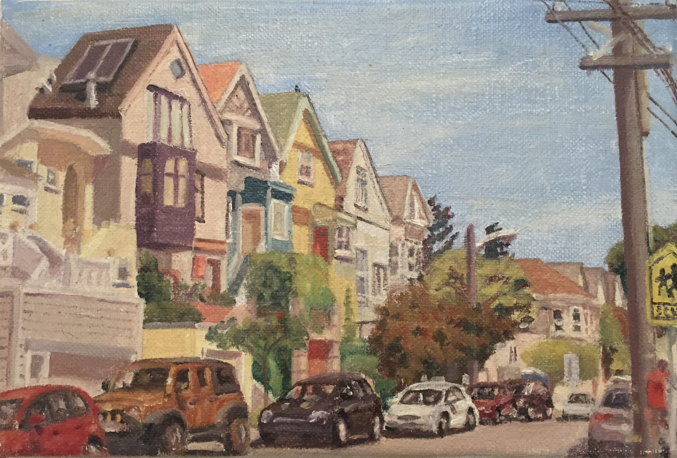 “Noe Valley, 2015” by Shalom Flash — painting of a row of colorful SF houses under a clear sky