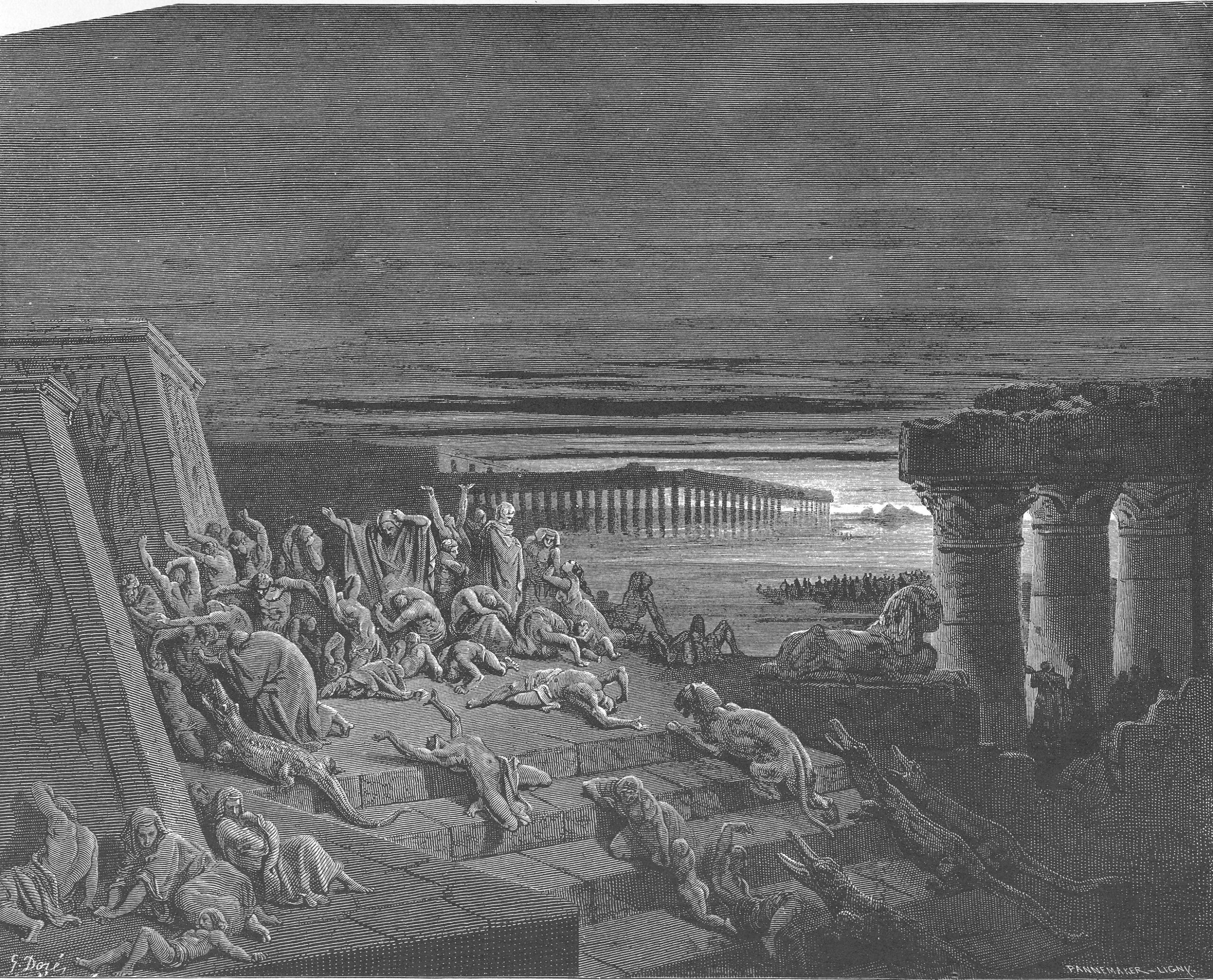 black and white etching of Egyptians writhing in the darkness
