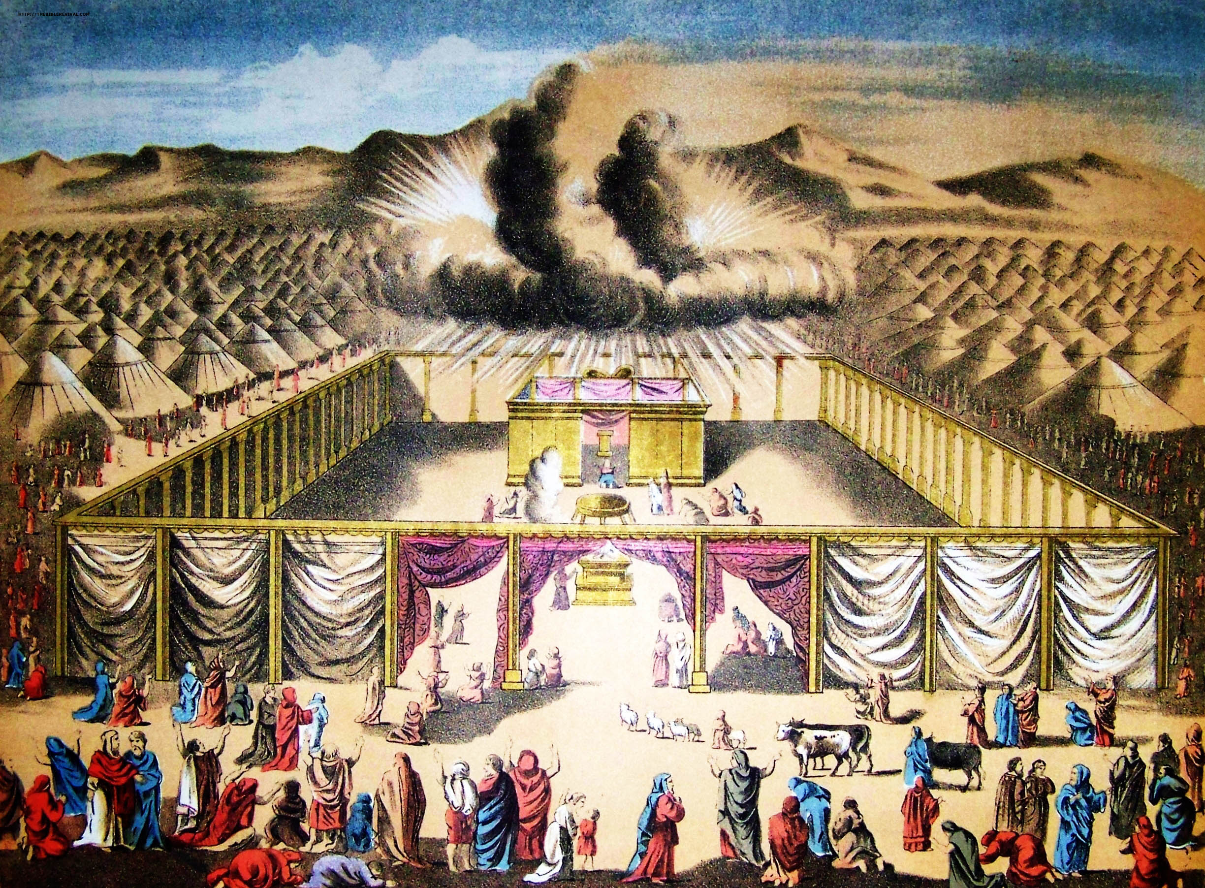 an antique drawing of a great cloud hovering over the mishkan with israelites worshipping