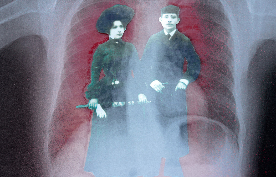 a black and white cutout of an old family photo of two relatives with a red-tinted xray of a chest behind it