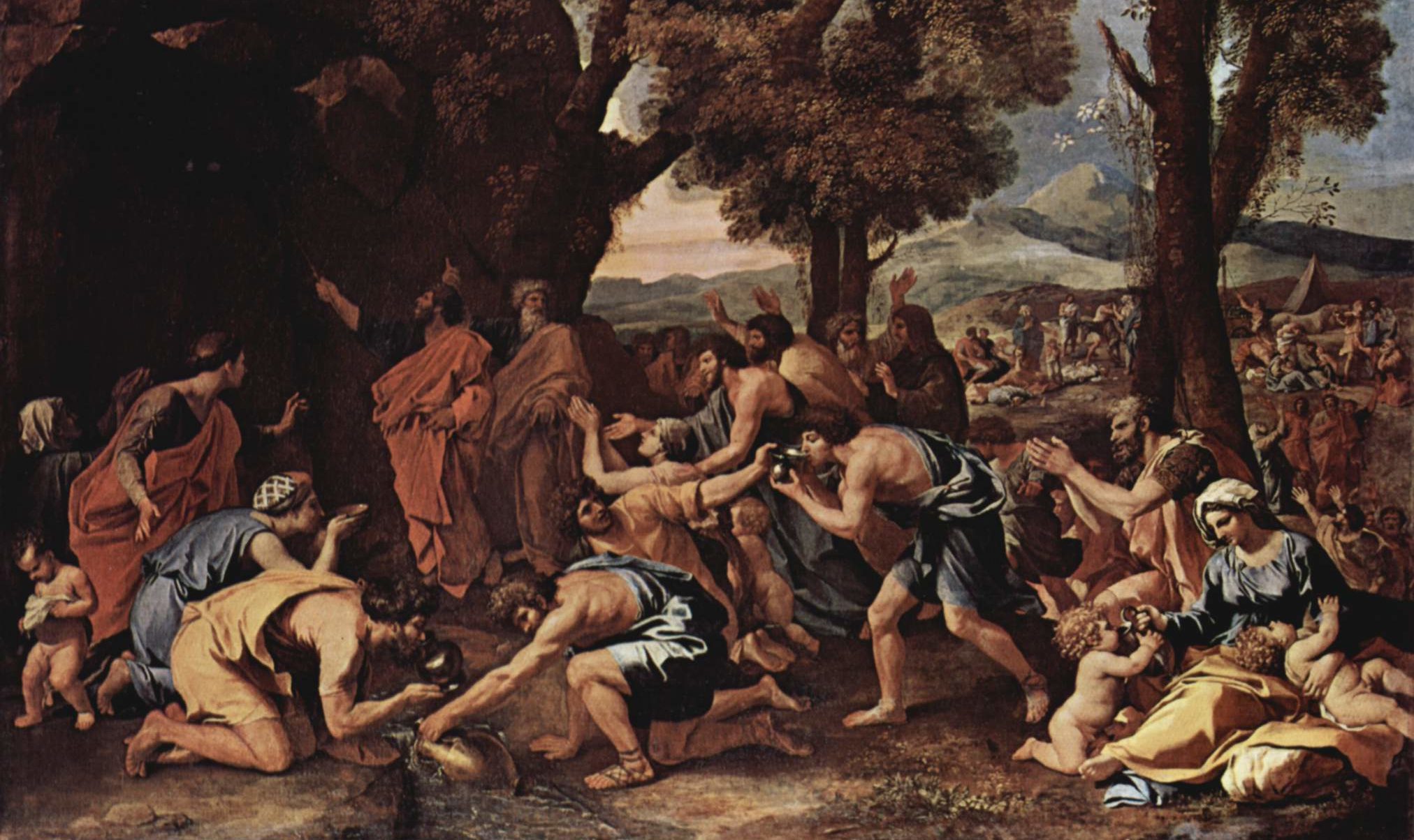 an antique painting of moses shortly after striking the rock. the israelites crouch down with jugs to collect water.