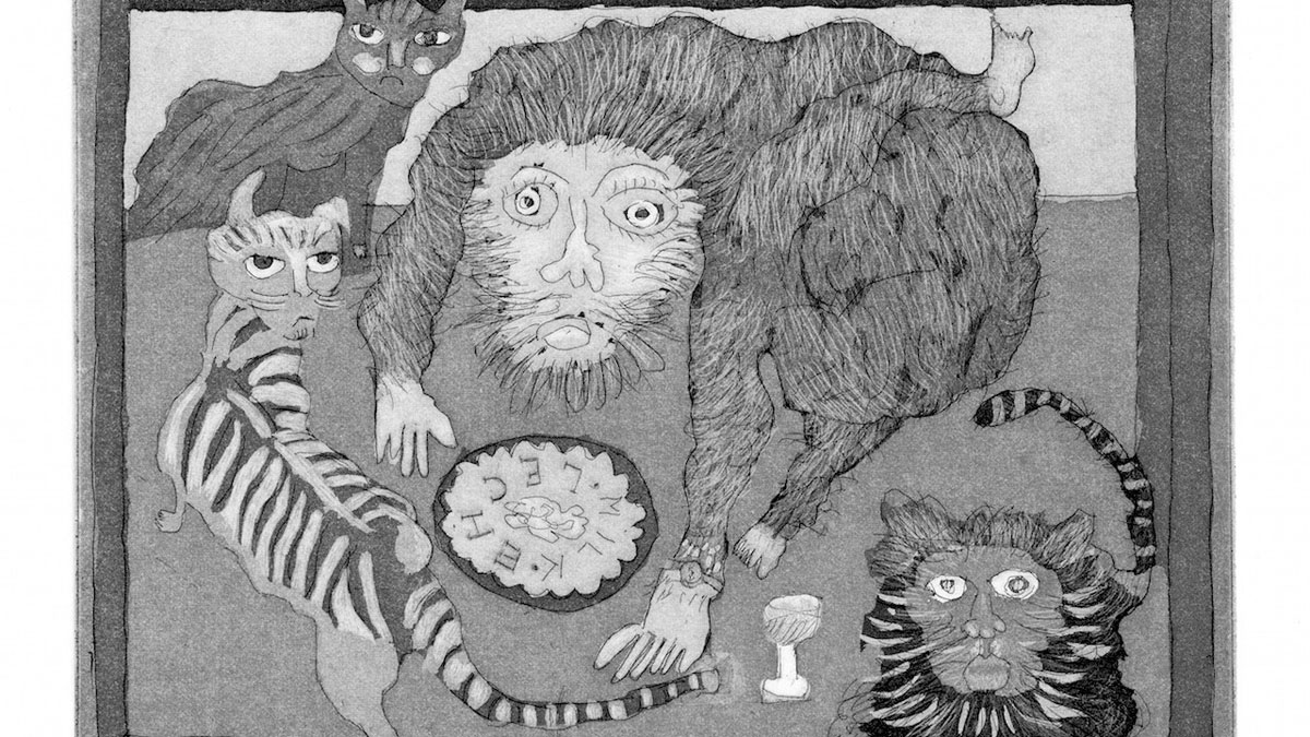 a man whose body is contorted into a cat-like posture drinks milk with some cats