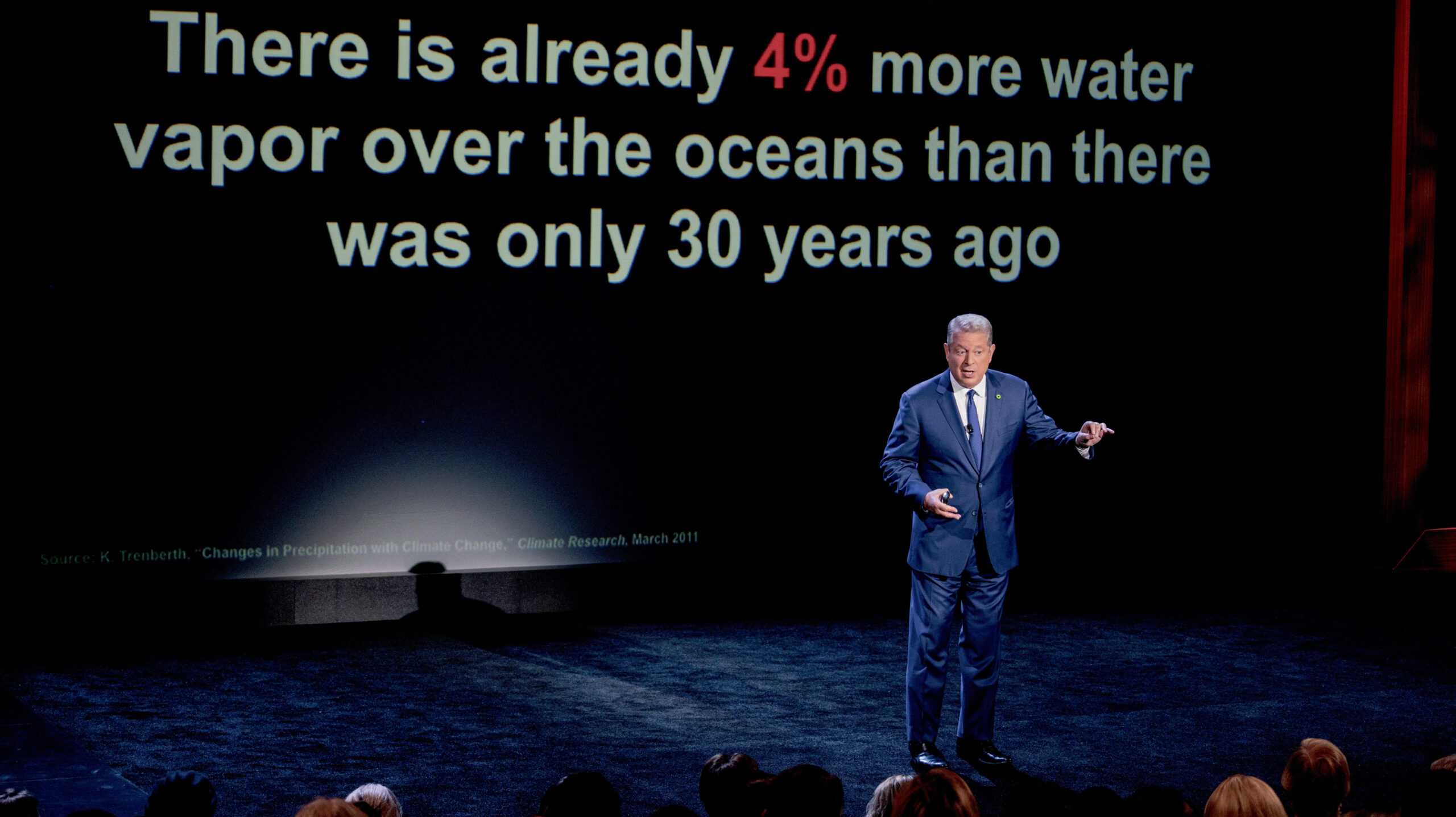 Gore stands on stage. Behind him, the words "There is already 4% more water vapor over the oceans than there was only 30 years ago"