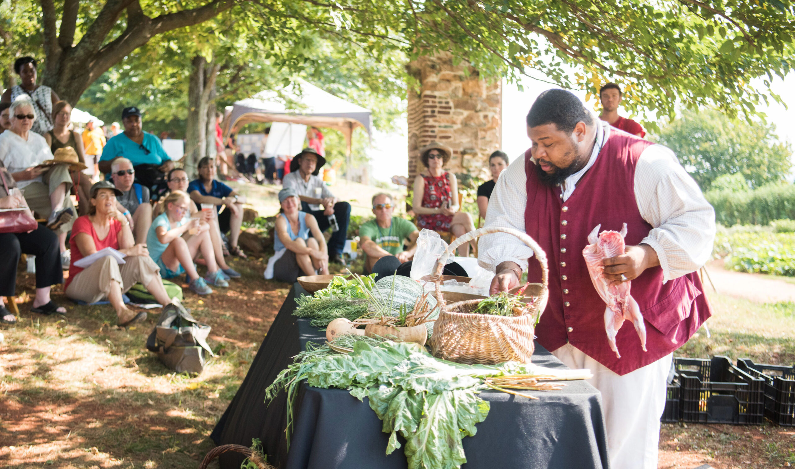 Michael Twitty gathers ingredients for okra soup and barbecue cottontail rabbit at Monticello in Charlottesville, Virginia. (Photo/Courtesy Michael Twitty)
