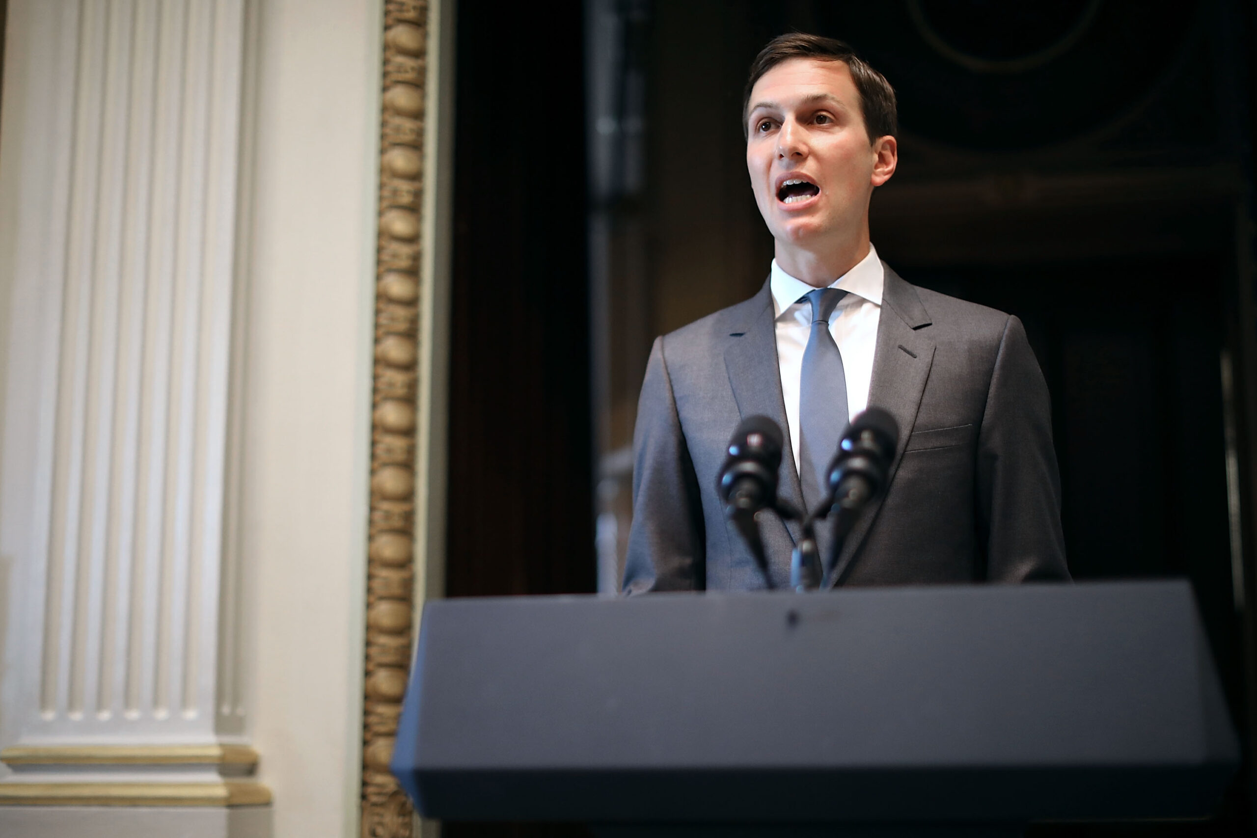 Senior White House adviser Jared Kushner speaking at the Eisenhower Executive Office Building in DC, June 19, 2017 (Photo/ JTA-Getty Images-Chip Somodevilla)