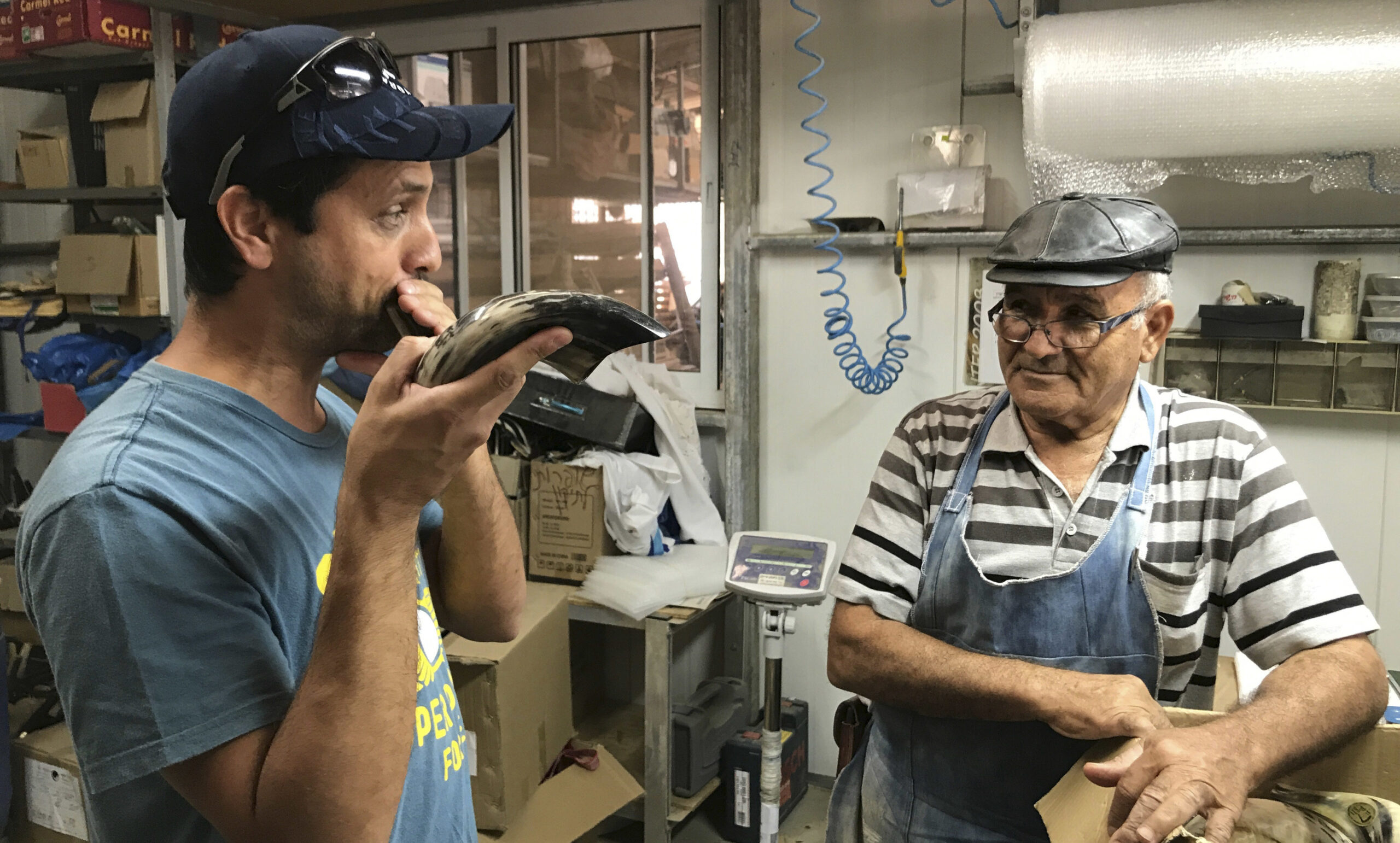 Dror Yoggev blowing a shofar while Shimon Keinan watches at his Kol Shofar factory in Givat Yoav, Golan Heights, Sept. 6, 2017 (Photo/JTA-Andrew Tobin)