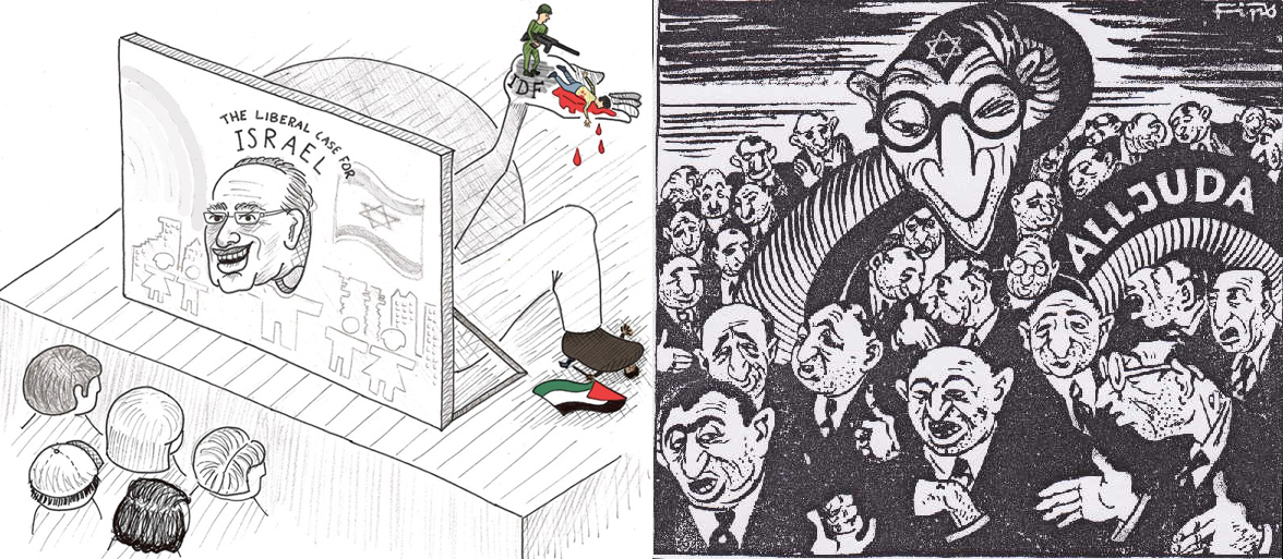 An editorial cartoon about Alan Dershowitz's visit to UC Berkeley (left), and a cartoon from a 1934 issue of the Nazi newspaper Der Sturmer