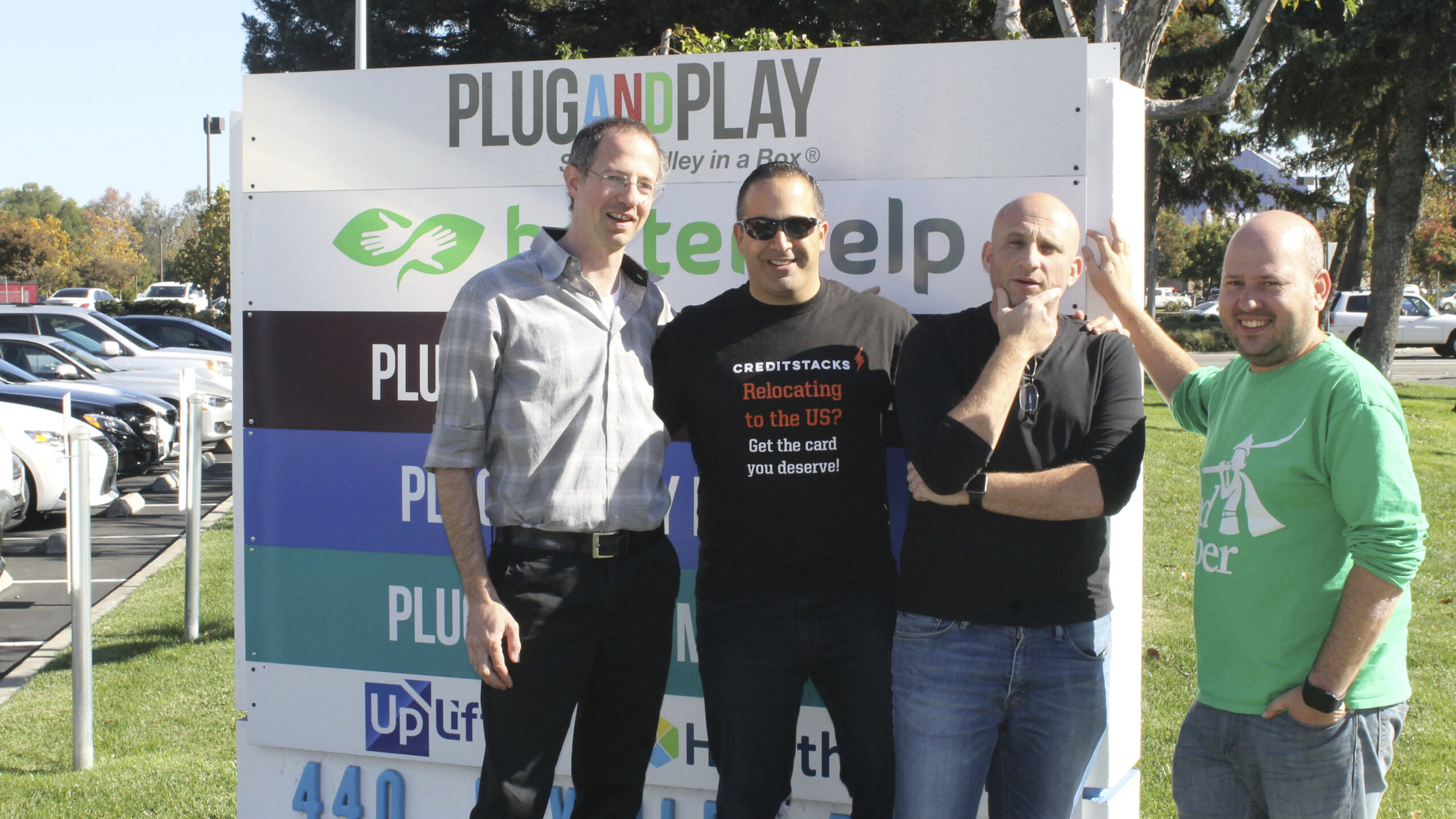 Israelis Yuval Machlin, Kfir Eyal, Daniel Shaked and Alon Matas (from left) in front of Plug n’ Play, the Silicon Valley incubator where they work. (Photo/Ben Sales)