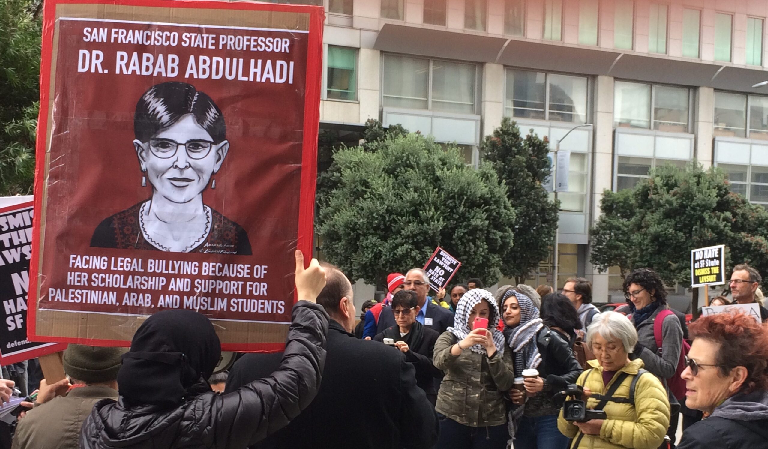 Opponents of a lawsuit alleging systemic anti-Semitism at San Francisco State University protest outside during a hearing on dismissing the case, Nov. 8, 2017 (Photo/Rob Gloster)