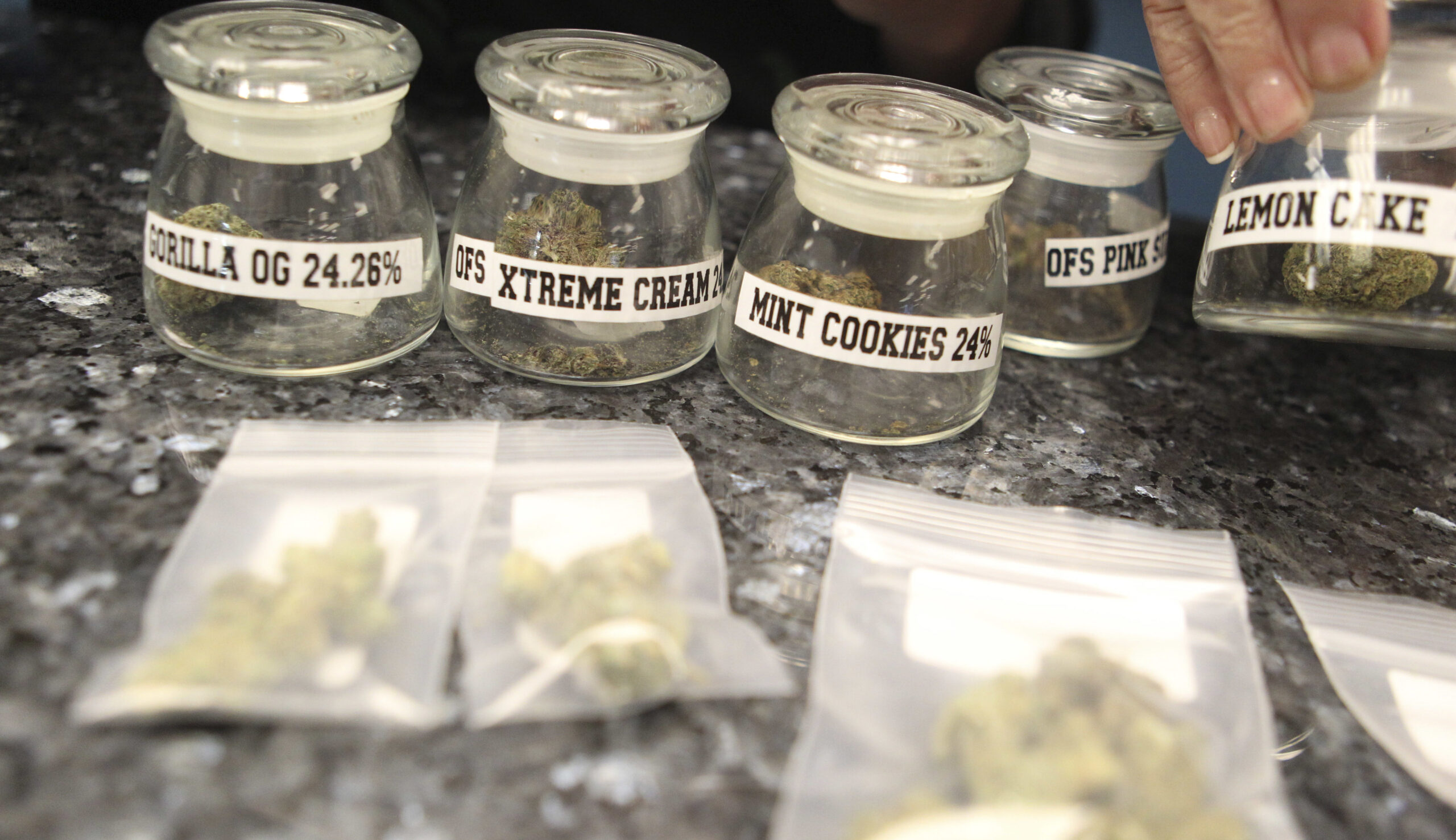 A few of the strains of herb on offer at Oakland's Magnolia Dispensary (Photo/Michael Fox)