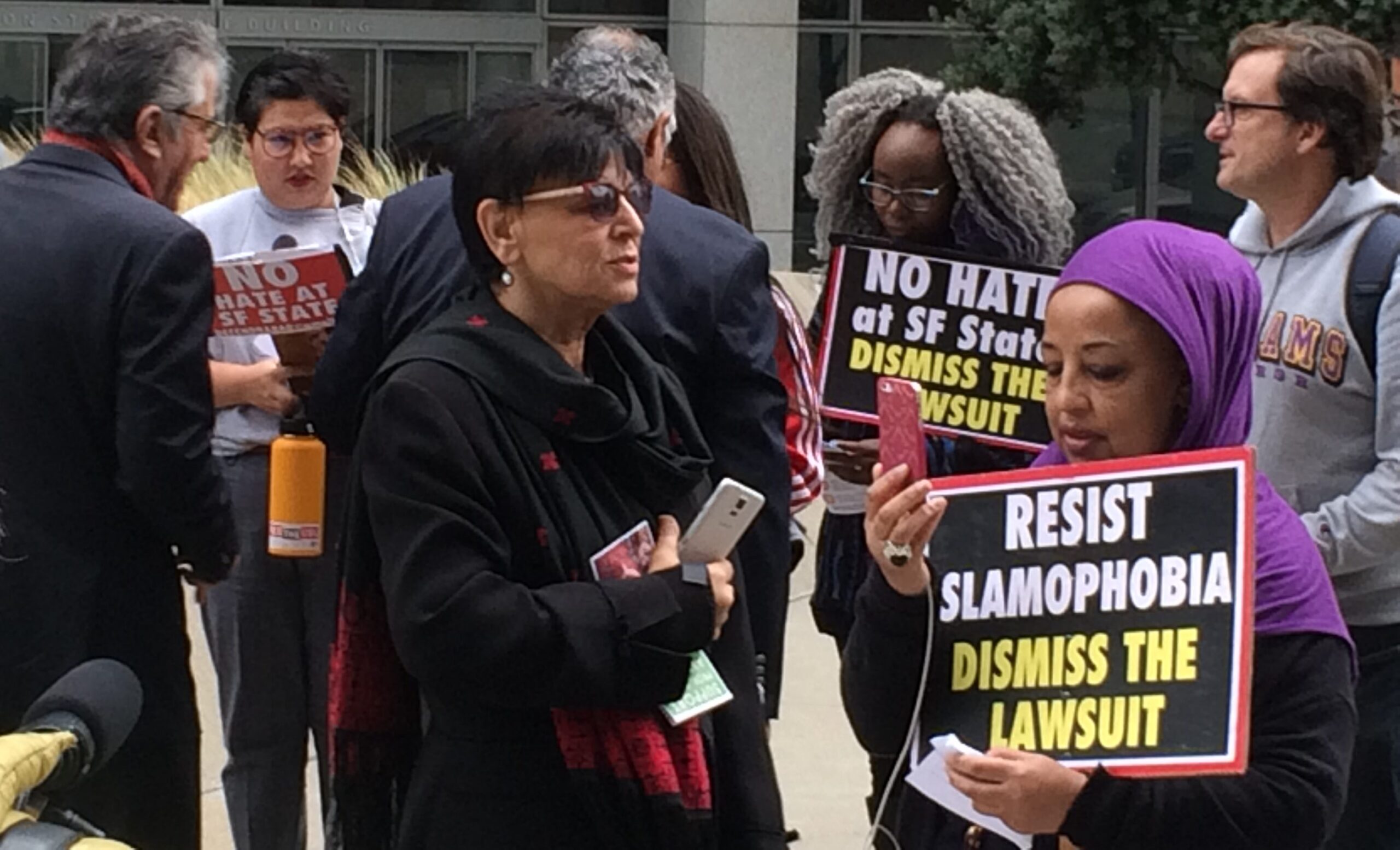 Professor Rabab Abdulhadi (center) demonstrate against a Lawfare Project lawsuit against SFSU in November 2017. (Photo/Rob Gloster)