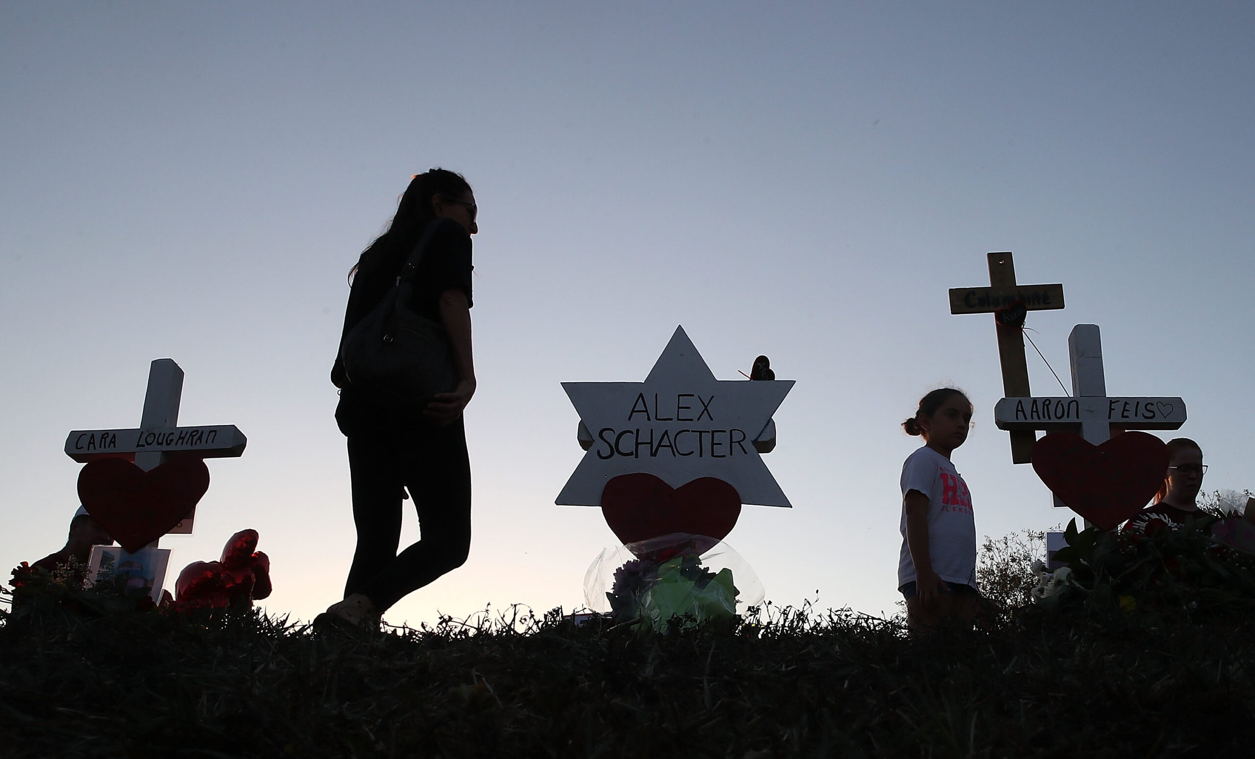 A makeshift memorial erected in front of Marjory Stoneman Douglas High School in Parkland, Fla., days after the shooting that left 17 students and teachers dead, Feb. 18, 2018. (Photo/JTA-Joe Raedle-Getty Images)