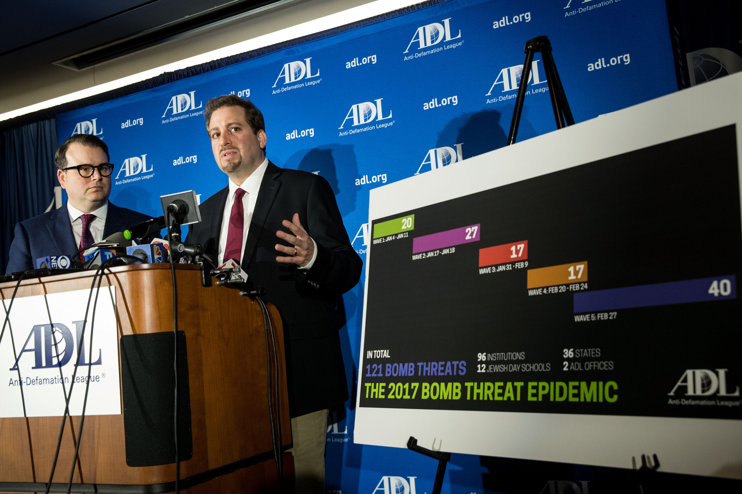 Evan Bernstein, left, and Oren Segal discussing the arrest of a St. Louis man charged in connection with bomb threats against JCCs, at the Anti-Defamation League national headquarters in New York City, March 3, 2017. (Drew Angerer/Getty Images)