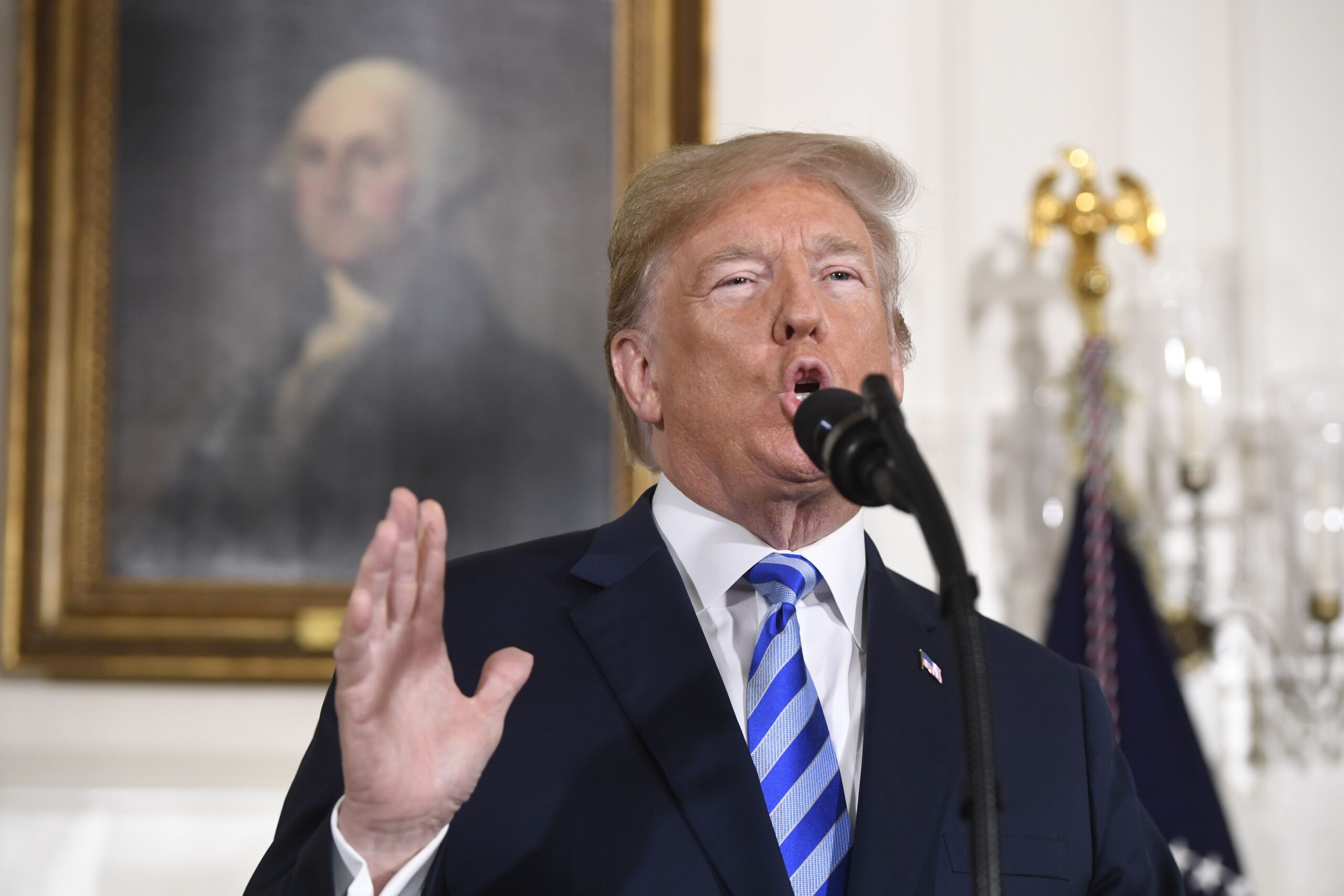 President Donald Trump announcing his decision to leave the Iran nuclear deal in the Diplomatic Reception Room at the White House, May 8, 2018 (Photo/JTA-Saul Loeb-AFP-Getty Images)