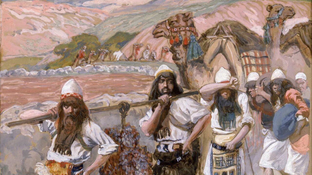 From “The Grapes of Canaan” by James Tissot, circa 1900, showing a scene from Shelach, this week's Torah portion.