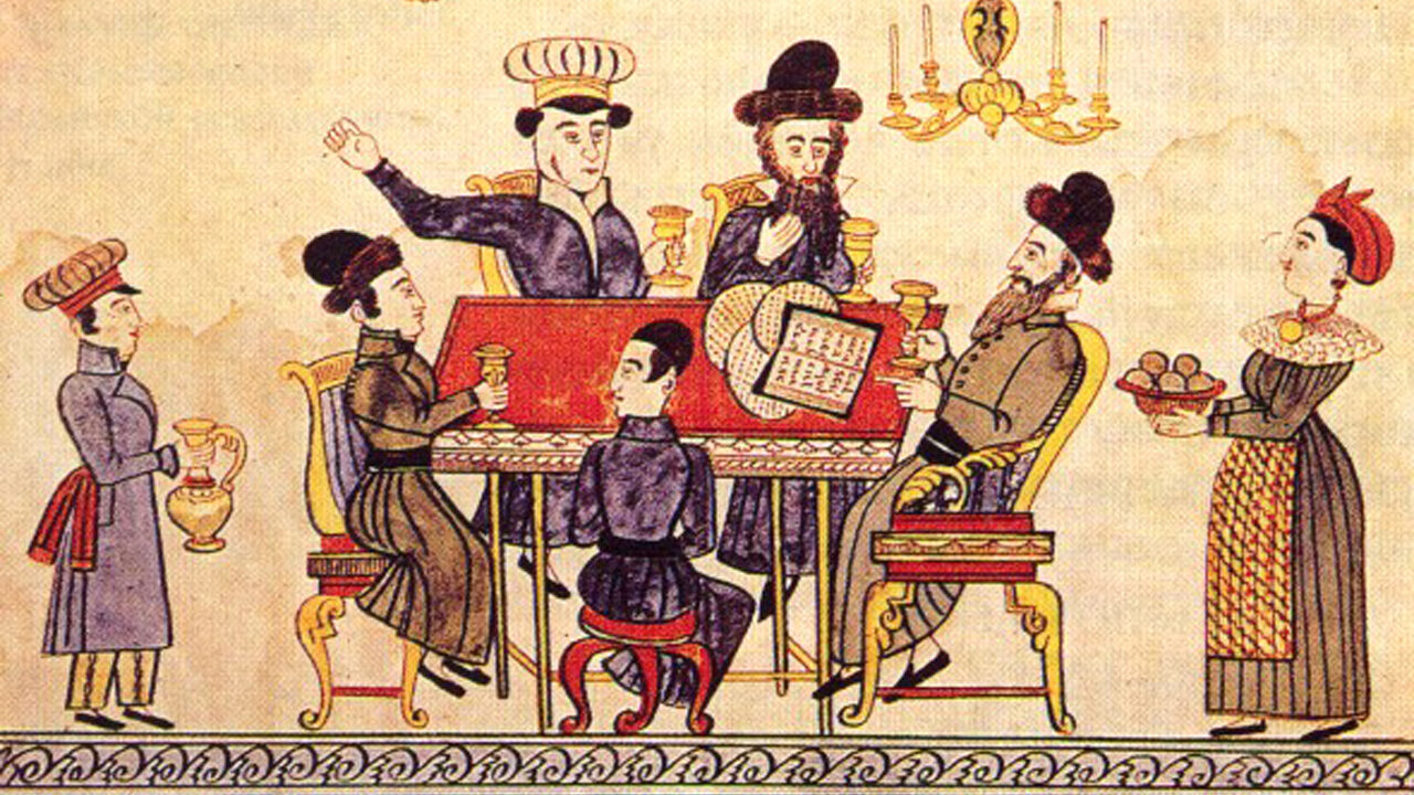 A 19th-century Ukrainian art print of a family seder