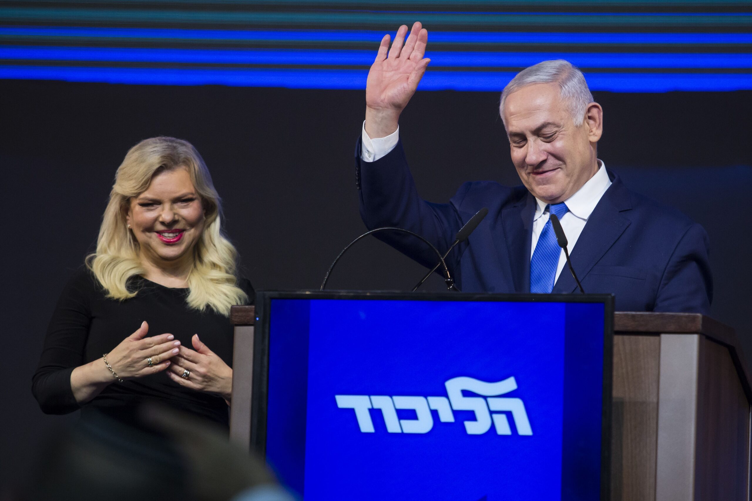 Israeli Prime Minister Benjamin Netanyahu and his wife, Sara, greet supporters during his victory speech in Tel Aviv, April 10, 2019. (Photo/JTA-Amir Levy-Getty Images)
