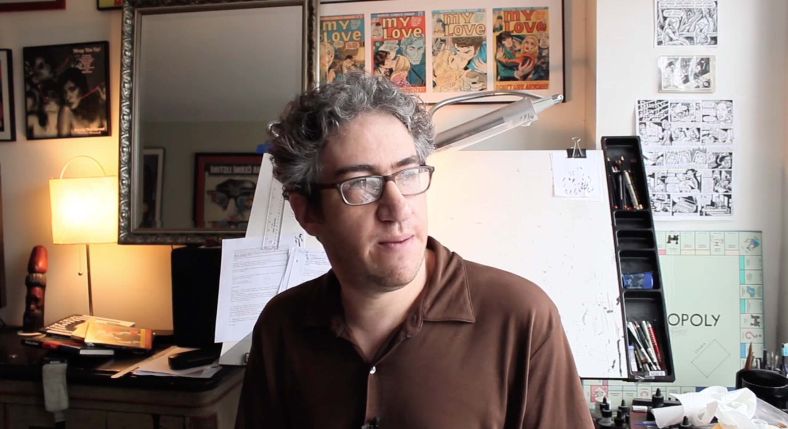 Eli Valley, a Jewish cartoonist whose work has long taken aim at Jewish leaders and institutions, has broadened his scope during the Trump era. (Screenshot/JTA-Vimeo)