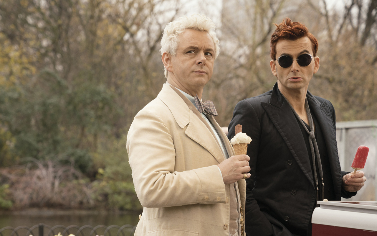 “Good Omens,” a six-episode Amazon miniseries based on the book by Neil Gaiman and Terry Pratchett, stars Michael Sheen (left) as the angel Aziraphale and David Tennant as the demon Crowley. (Photo/Amazon Studios)