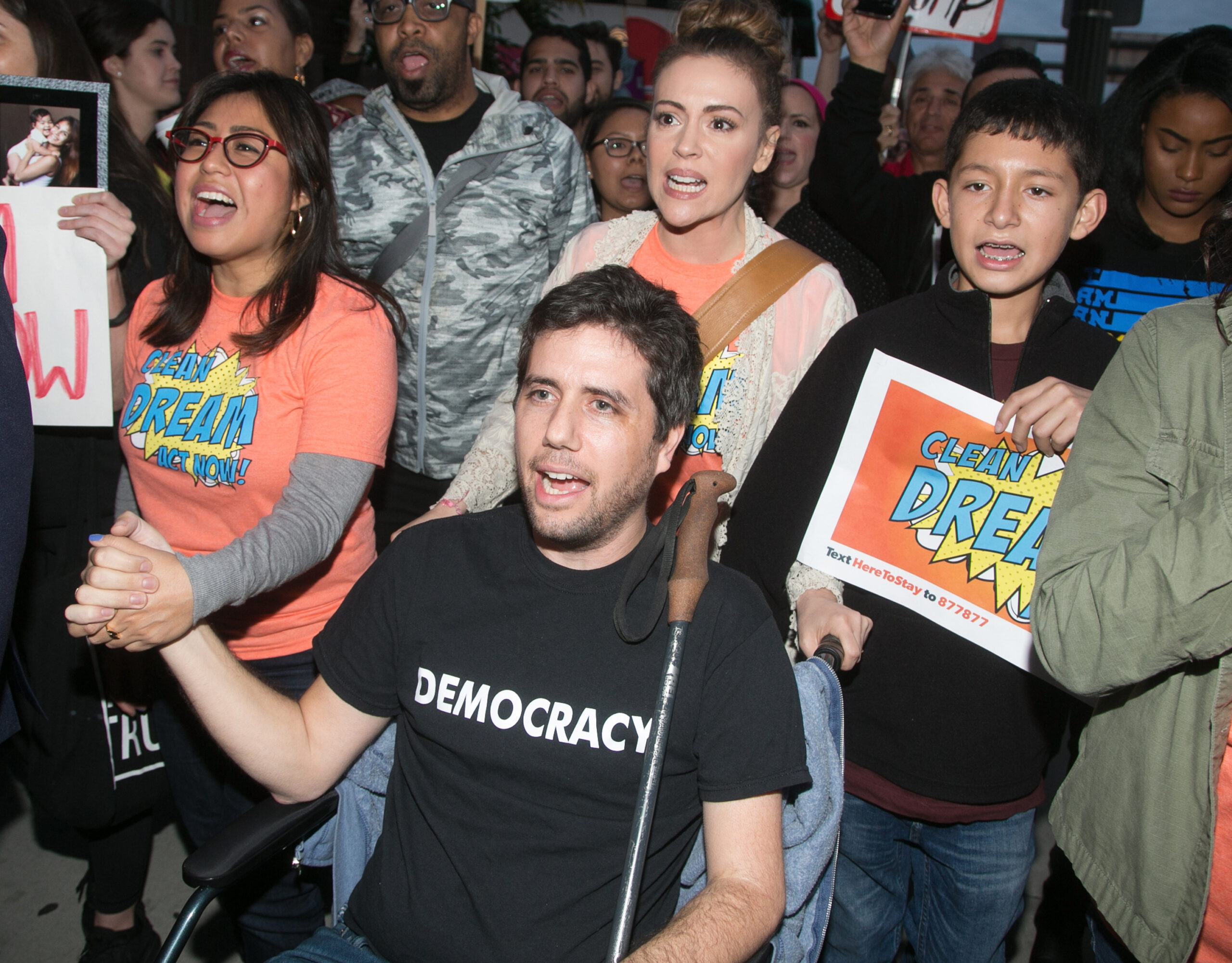 Alyssa Milano and Ady Barkan (center) attend the Los Angeles Supports a Dream Act Now! protest at the office of California Senator Dianne Feinstein on Jan. 3, 2018. (Photo/JTA-Getty Images-Gabriel Olsen)