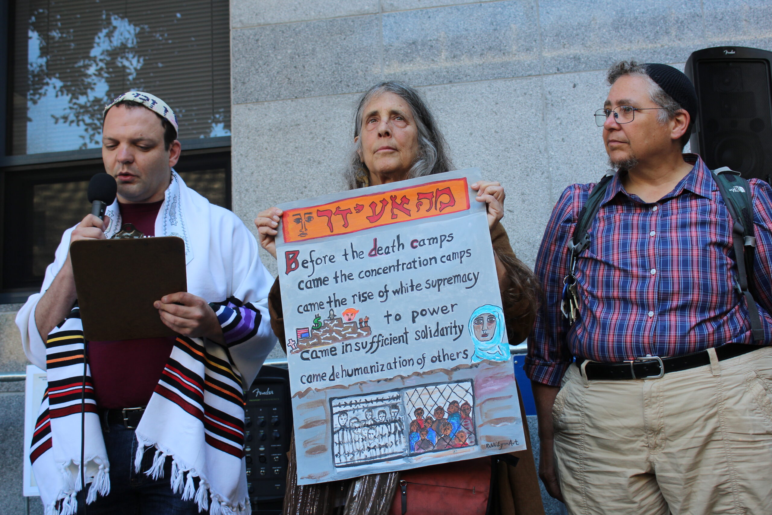 (From left) Rabbi Jeremy Sher, Rabbi Lynn Gottlieb and Rabbi Dev Noilly at a protest in front of the San Francisco ICE office, July 12, 2019 (Photo/Gabriel Greschler)