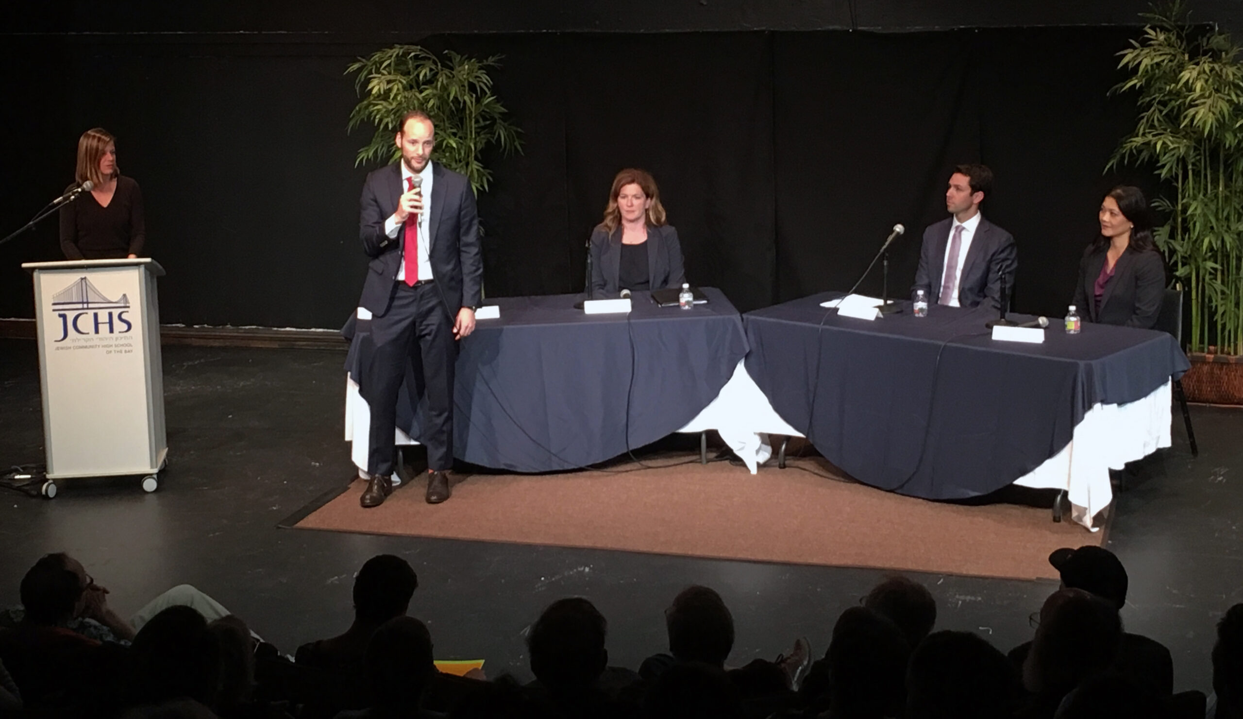 (Left to right) JCRC Executive Director Abby Porth and district attorney candidates Chesa Boudin, Suzy Loftus, Leif Dautch and Nancy Tung at Jewish Community High School of the Bay in San Francisco, Sept. 10, 2019 (Photo/Brandon Davis-JCHS)