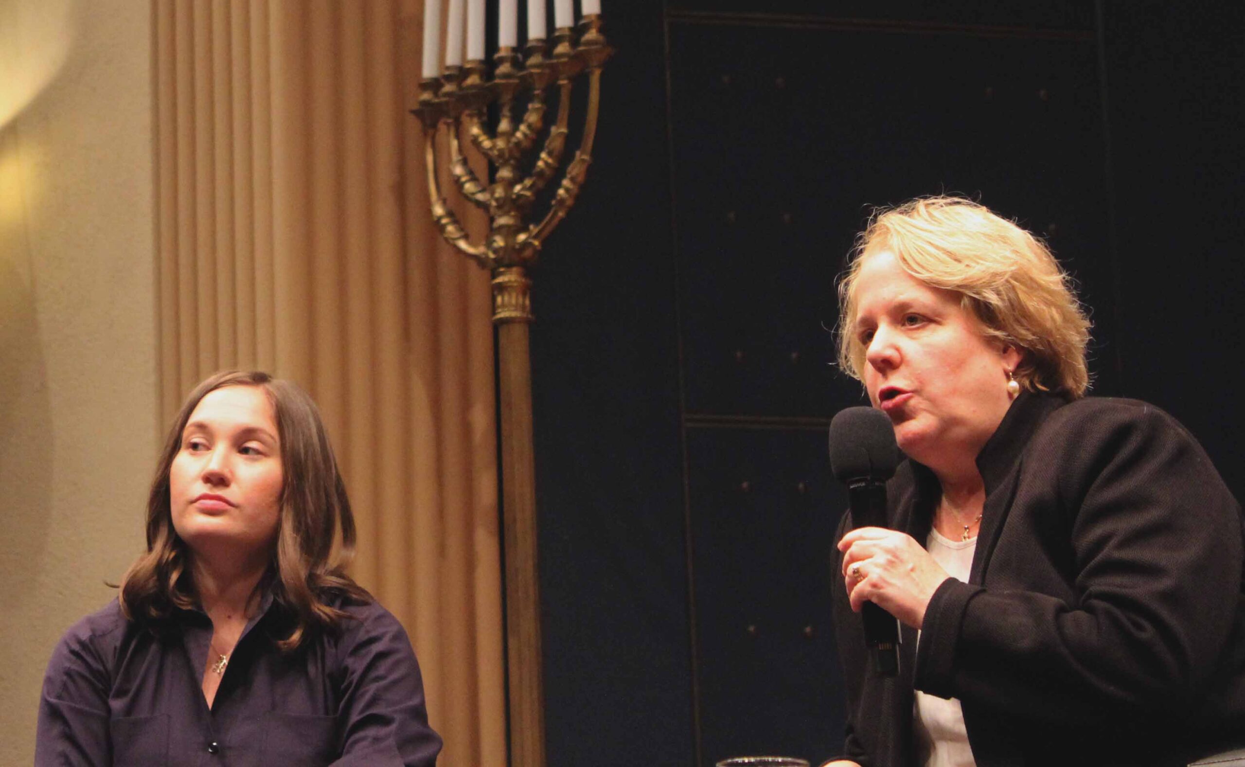 Integrity First for America Executive Director Amy Spitalnick (left) and attorney Roberta Kaplan speak at Congregation Emanu-El on Nov. 13, 2019. (Gabriel Greschler)