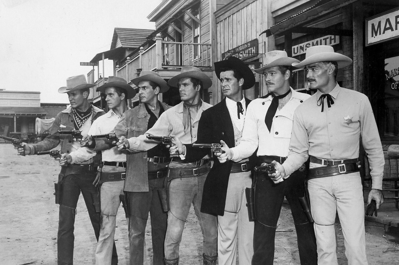 The stars of several TV westerns in 1959: Will Hutchins, "Sugarfoot"; Peter Brown, "Lawman"; Jack Kelly, "Maverick"; Ty Hardin, "Bronco"; James Garner, "Maverick"; Wayde Preston, "Colt .45"; and John Russell, "Lawman."