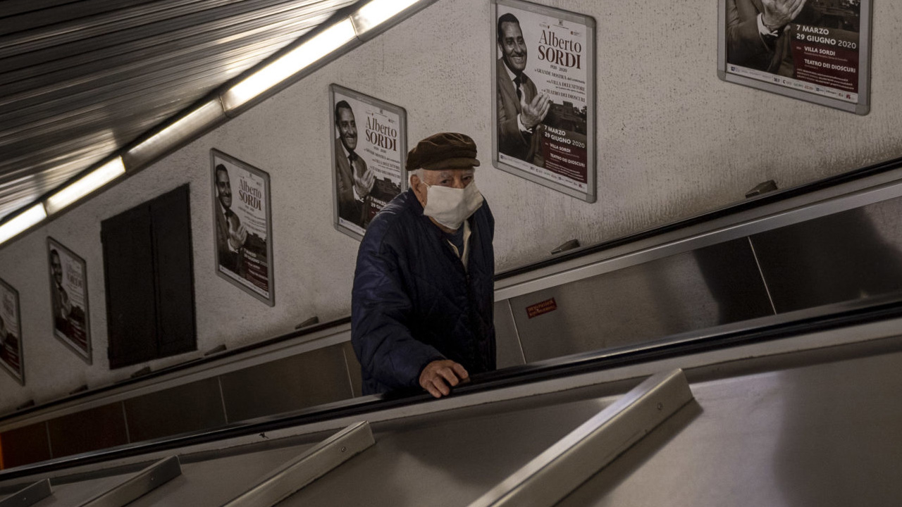 An elderly man leaves a metro station in Rome, April 27, 2020. (Photo/JTA-Antonio Masiello-Getty Images)