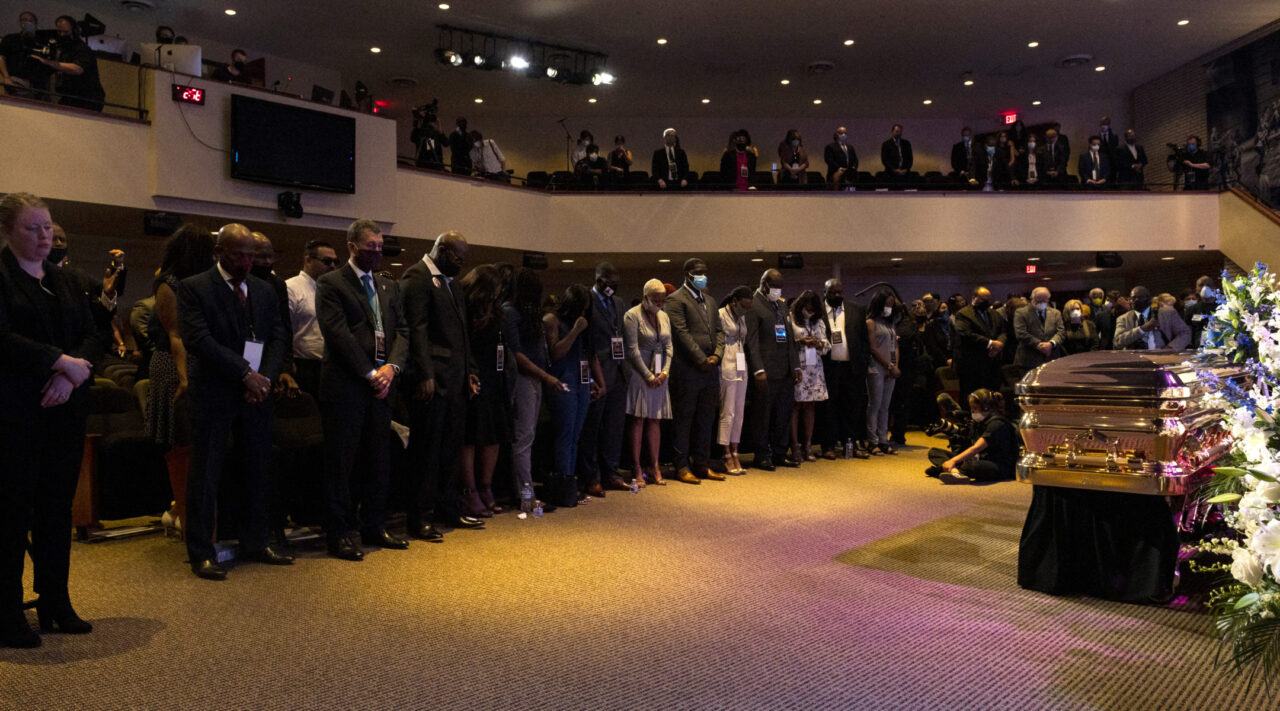People at a memorial service at North Central University in Minneapolis pause silently for eight minutes and 46 seconds in honor of George Floyd, June 4, 2020. (Photo/JTA-Stephen Maturen-Getty Images)