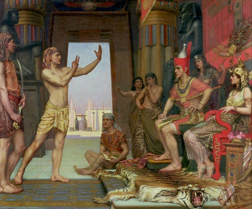 a painting of Joseph standing before Pharaoh and his courtiers