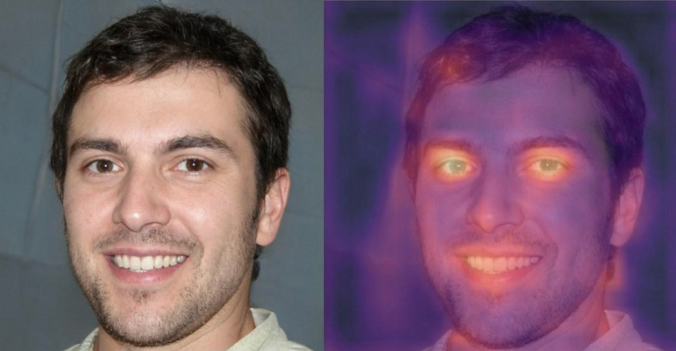 a regular headshot of a white man in his 30s next to a copy of the headshot with distorted colors