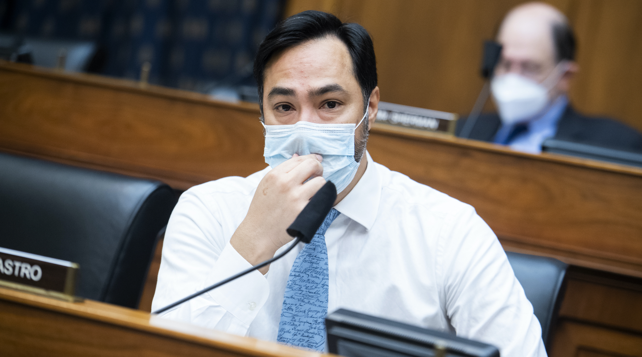 Rep. Joaquin Castro sits in front of Rep. Brad Sherman at a House Foreign Affairs Committee meeting in Washington, D.C., July 29, 2020. (Photo/JTA-Tom Williams-CQ-Roll Call, Inc via Getty Images)