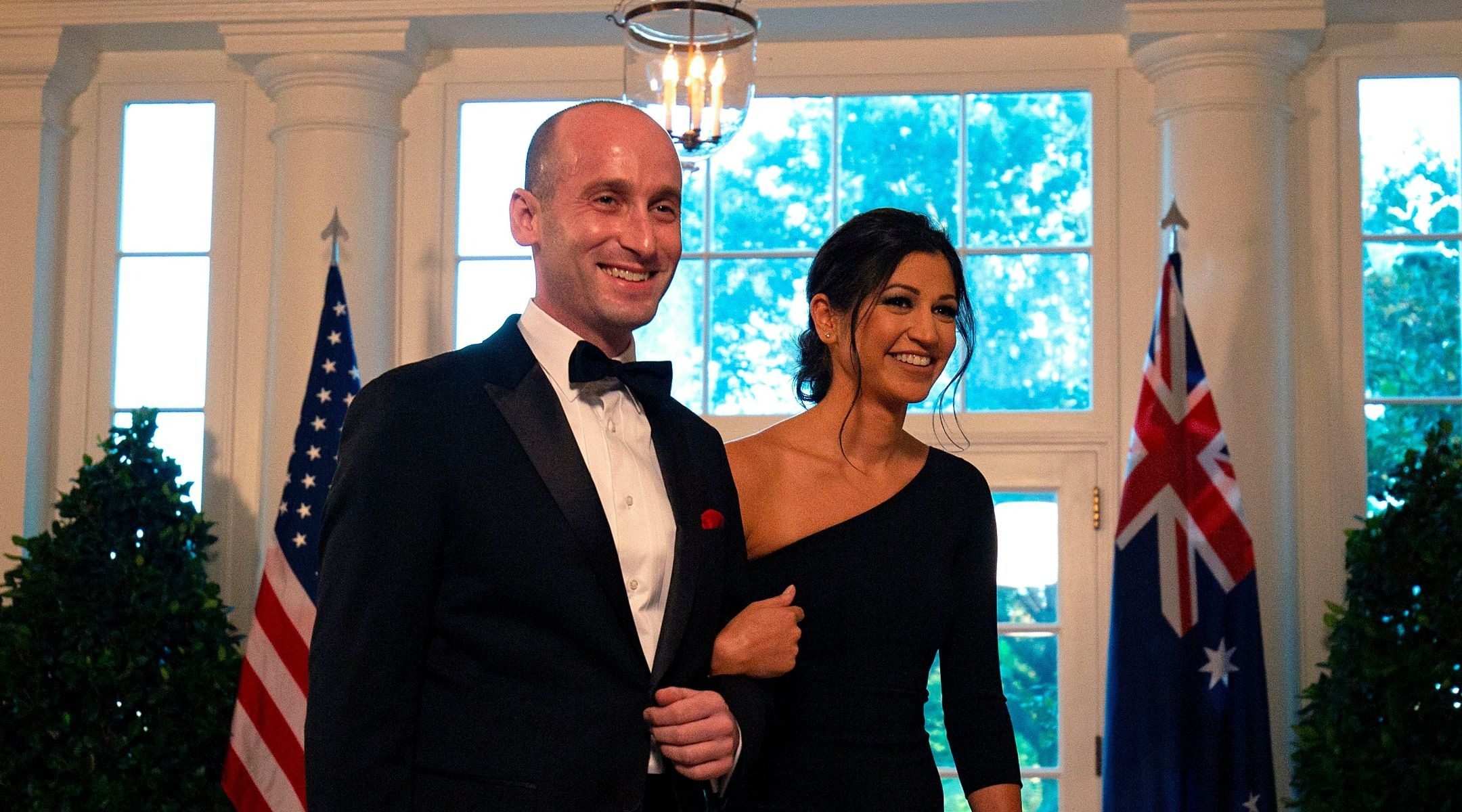 White House Senior Advisor Stephen Miller, left, and then-fiancée Katie Waldman in the White House for a dinner with Australian Prime Minister Scott Morrison, Sept. 20, 2019. (Photo/JTA-Alastair Pike-AFP via Getty Images)