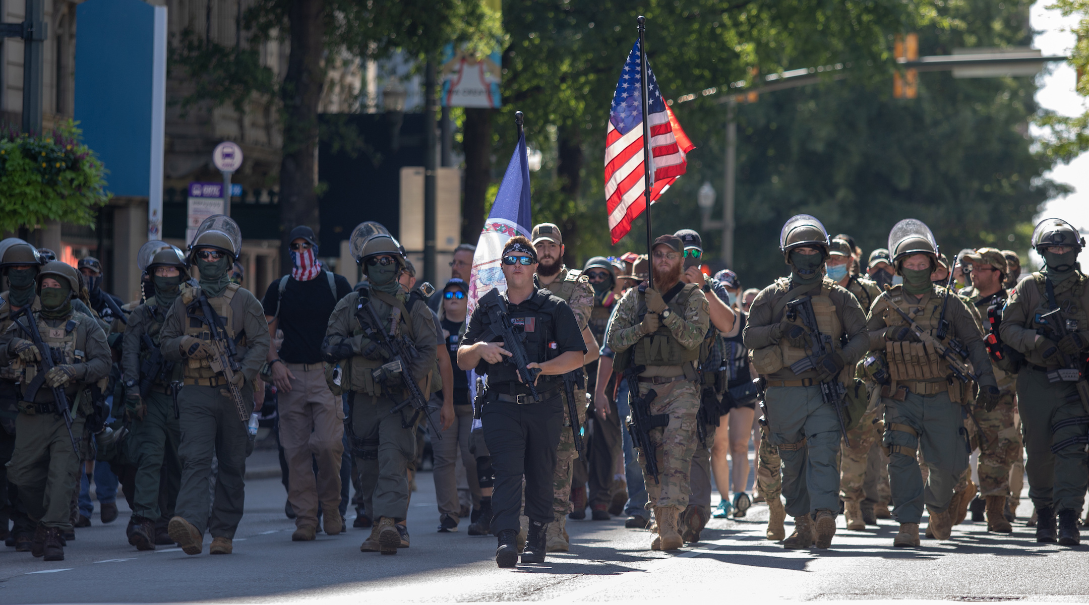 Armed gun rights protesters, led by a member of the far-right Boogaloo boys, march in Richmond, Virginia, Aug. 18, 2020. (Photo/JTA-Chad Martin/LightRocket via Getty Images)