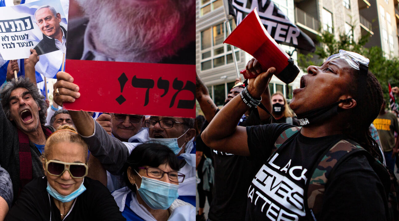 Left: Israelis protest in support of Israeli Prime Minister Benjamin Netanyahu in Jerusalem, May 24, 2020 (Photo/JTA-Amir Levy-Getty Images). Right: A woman protesting the killing of Breonna Taylor in Louisville, Kentucky. (Photo/JTA-Jason Armond-Los Angeles Times via Getty Images)