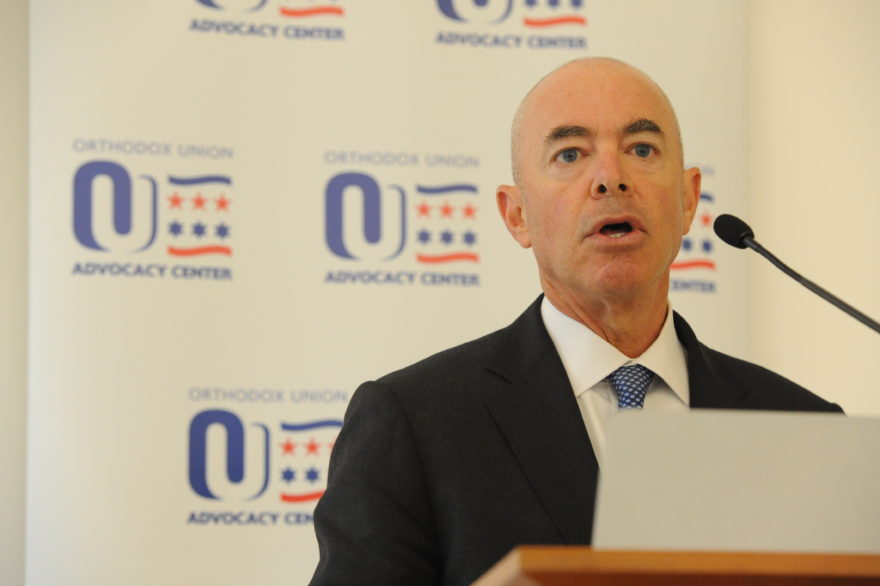 Alejandro Mayorkas, then deputy secretary of Homeland Security, addresses the Orthodox Union at a conference in Washington, Sept. 21, 2016. (Photo/JTA-Orthodox Union)