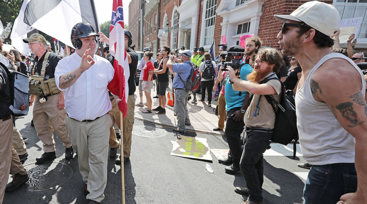 Far-right activists and counterprotesters clash at the "Unite the Right" rally in Charlottesville, Aug. 12, 2017. Russian trolls stoked antisemitism online following the rally. (Photo/JTA-Chip Somodevilla-Getty Images)