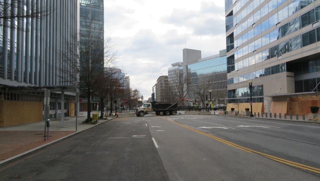 A roadblock at Pennsylvania Avenue and 19th Street on the day of Joe Biden's presidential inauguration in Washington, Jan. 20, 2021. (Photo/JTA-Ron Kampeas)
