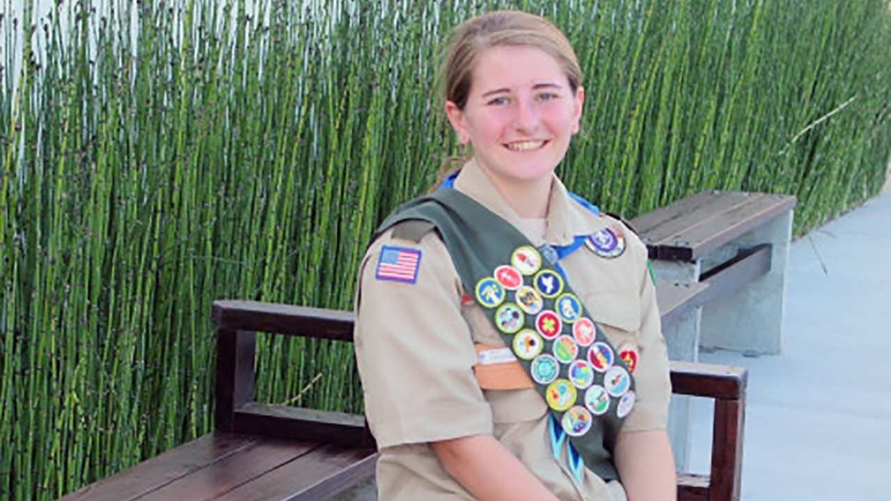 Erin Handelsman, who is among the first class of female Eagle Scouts, earned her rank by building these benches at Congregation Beth David in Saratoga.