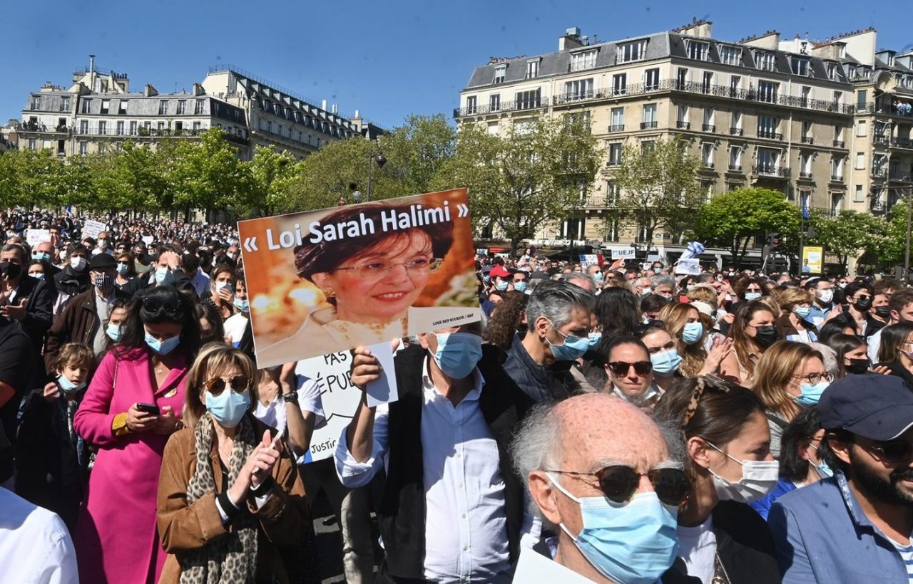 About 20,000 people attended a rally in the French capital objecting to a court ruling about the killing of Sarah Halimi, April 2021. (Photo/JTA-Cnaan Liphshiz)