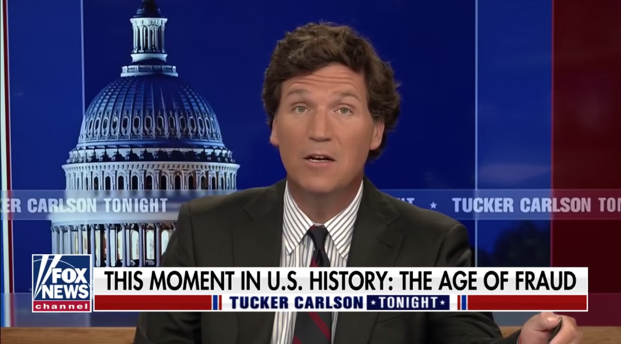 Tucker Carlson speaking on Fox News on April 9, 2021. Carlson’s comments about immigrants prompted the Anti-Defamation League to call for his firing. (Screenshot)