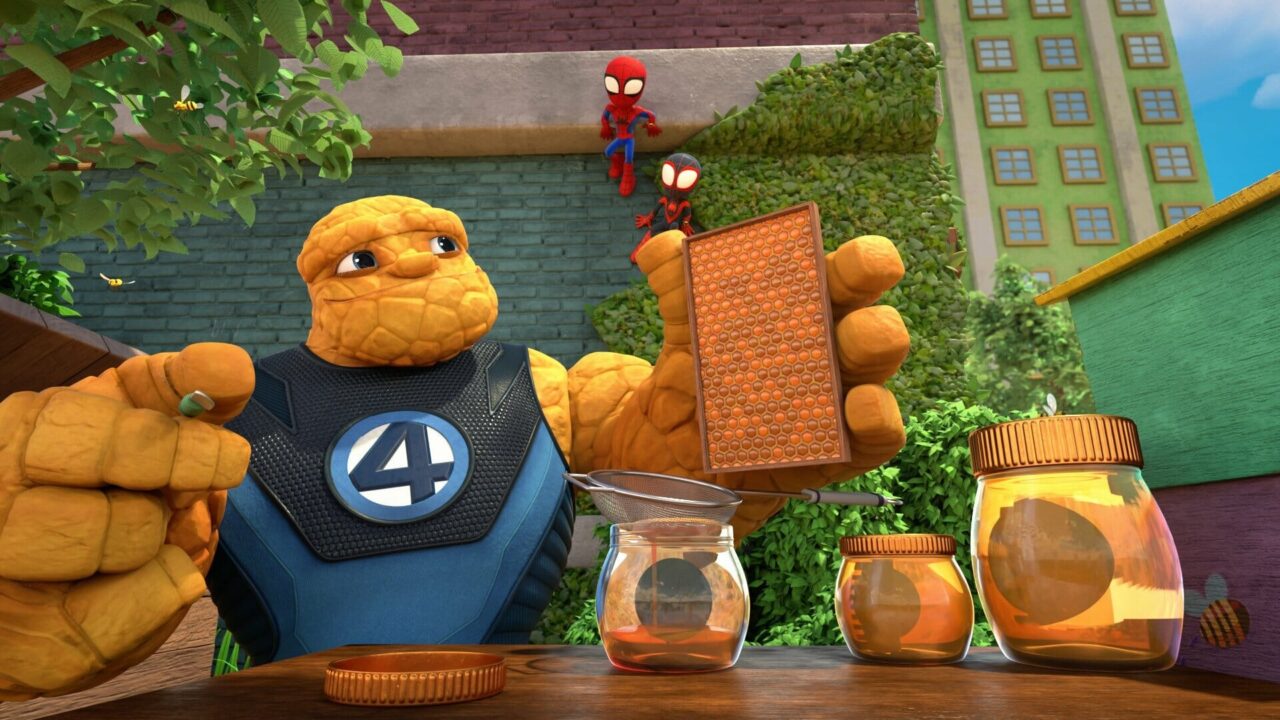 (From left) The Thing, Spidey and Spin in the upcoming Rosh Hashanah episode of "Spidey and his Amazing Friends."