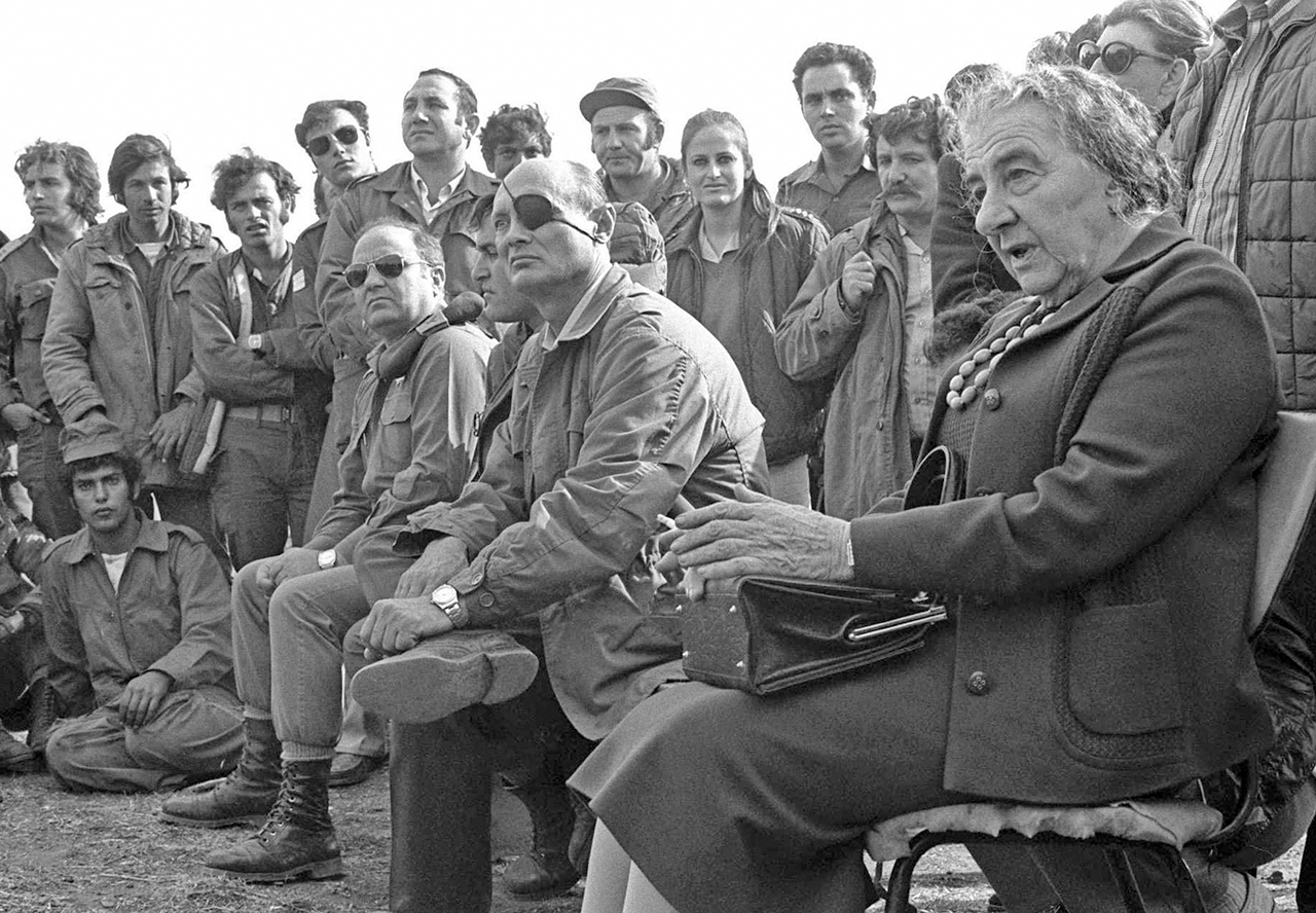 Prime Minister Golda Meir (right) and Defense Minister Moshe Dayan (center) in 1973. (Photo/Ron Frenkel-Government Press Office)