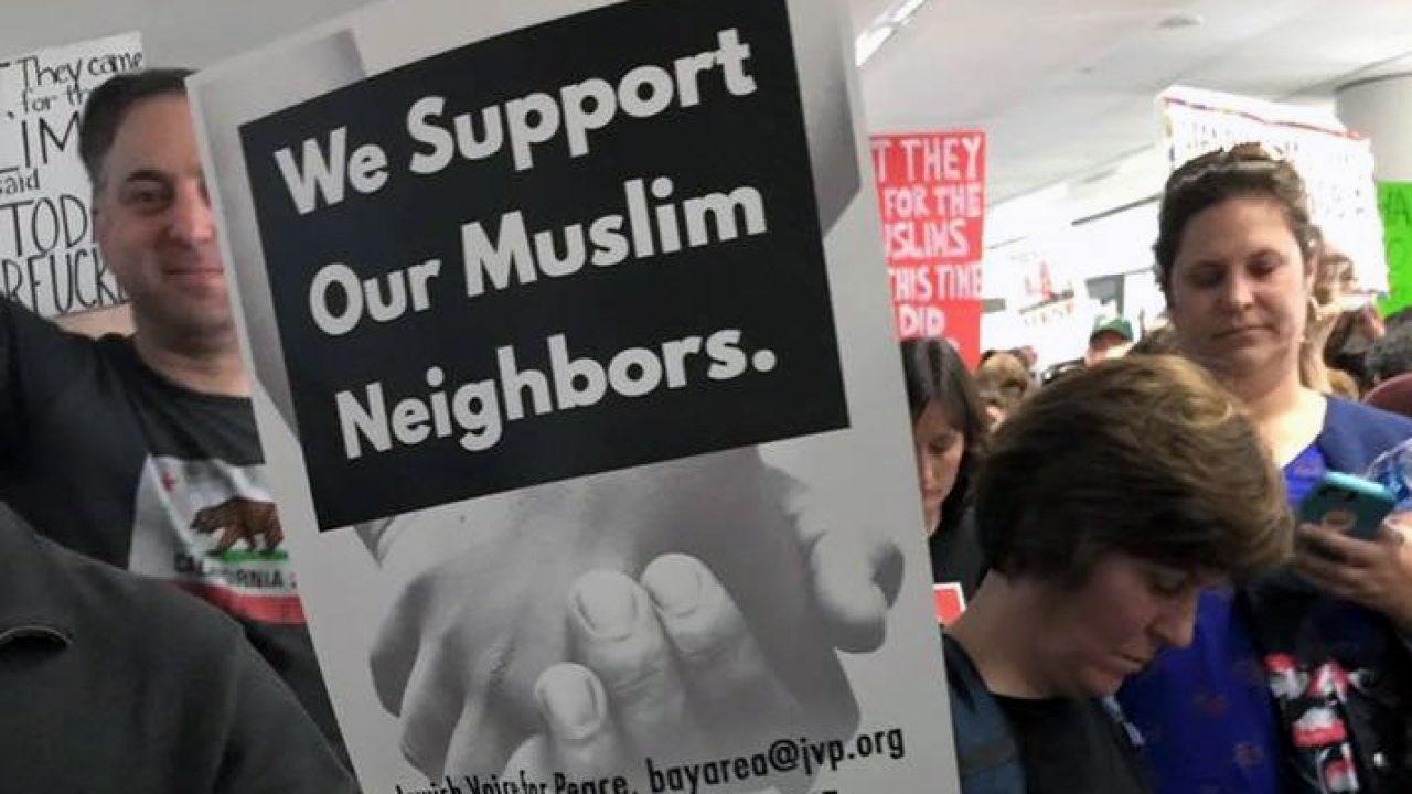 A sign at the January 2017 protest of then-President Trump's ban on travel from several Muslim-majority countries at San Francisco International Airport. (Photo/Ruben Arquilevich)