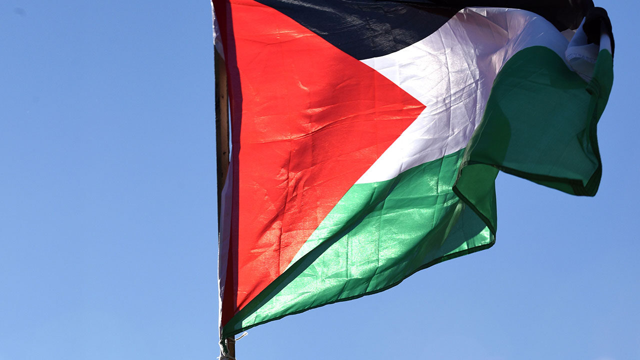 A Palestinian flag was held aloft during a San Francisco rally on Oct. 28, 2023, that called for a cease-fire in Gaza. (Aaron Levy-Wolins/J. Staff)