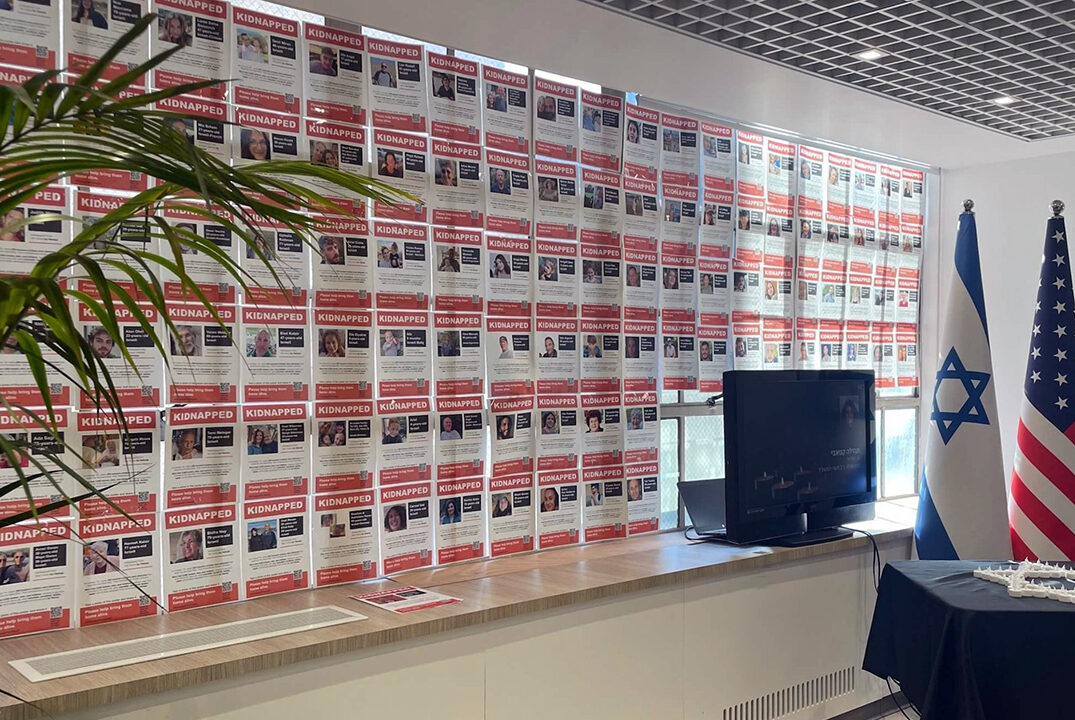 Photos of hostages displayed at Israel’s consulate in New York. (Photo/Forward-Jodi Rudoren)