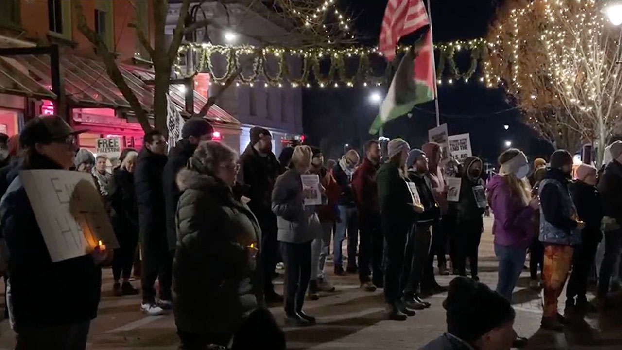 Burlington residents attend a vigil for three Palestinian college students shot over the Thanksgiving holiday in Burlington, Vermont, Nov. 26, 2023. (Screenshot/JTA via WCAX Vermont)